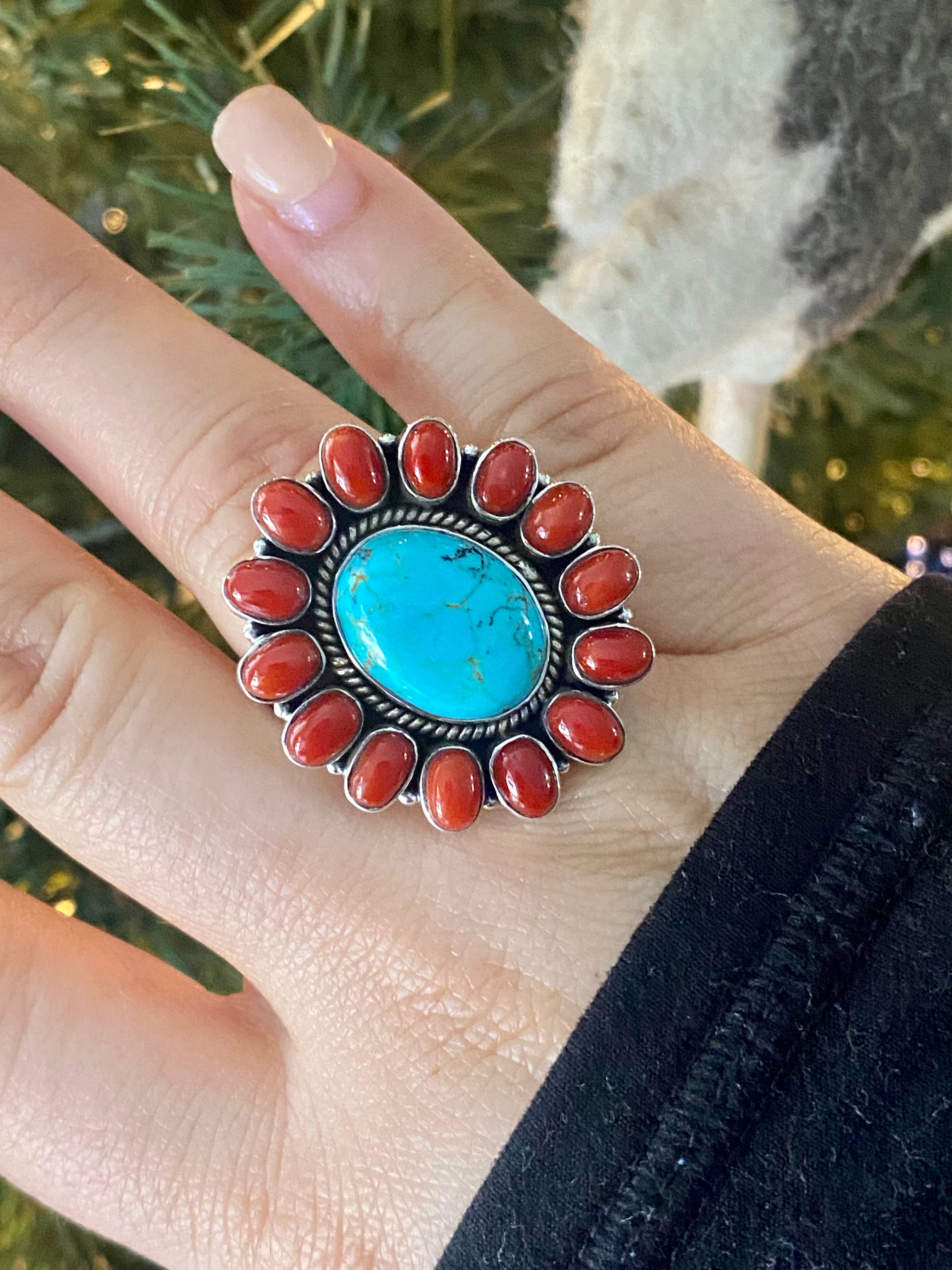 Southwest Handmade Kingman Turquoise & Coral Sterling Silver Adjustable Rings