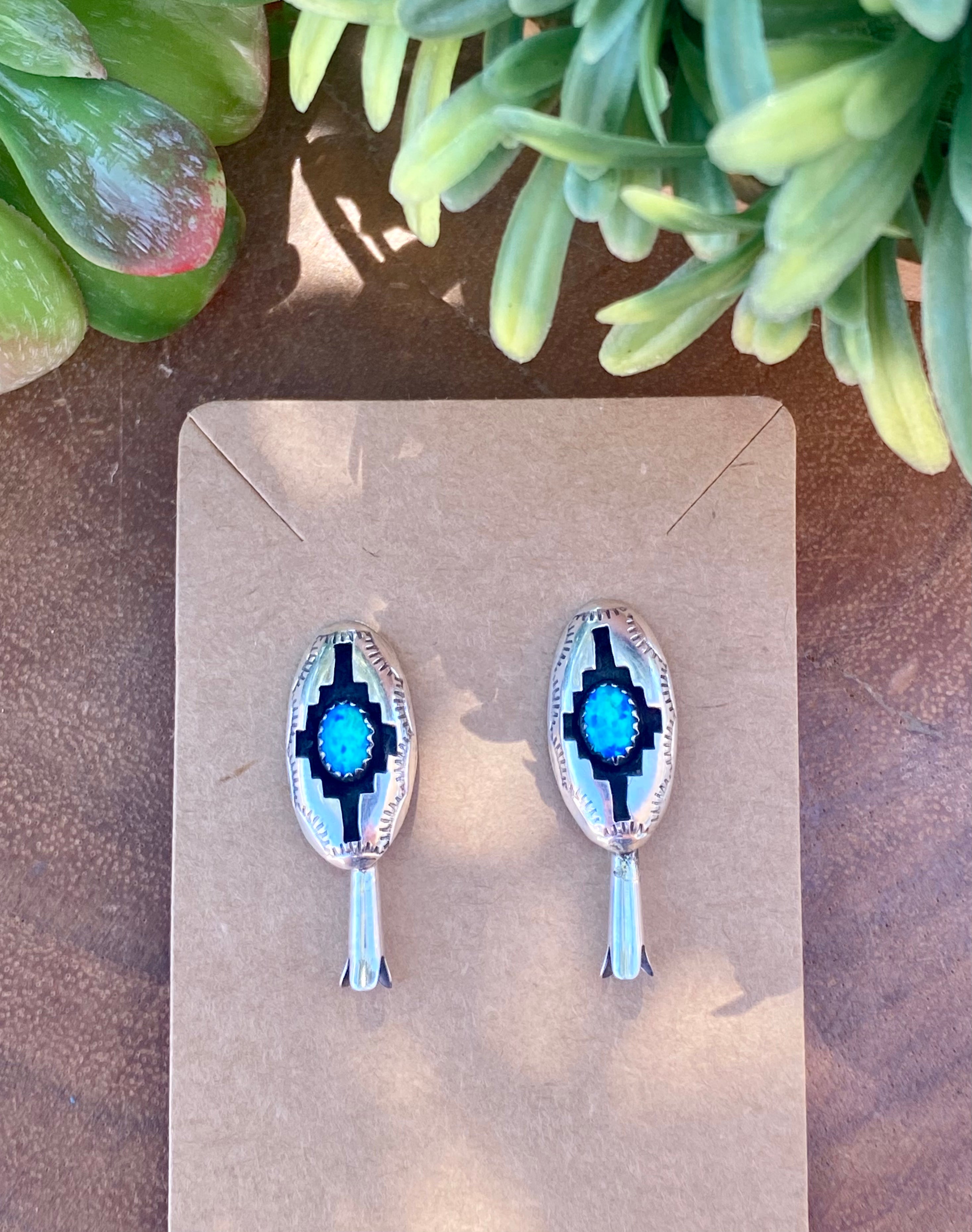 Navajo Made Blue Opal & Sterling Silver Blossom Post Dangle Earrings
