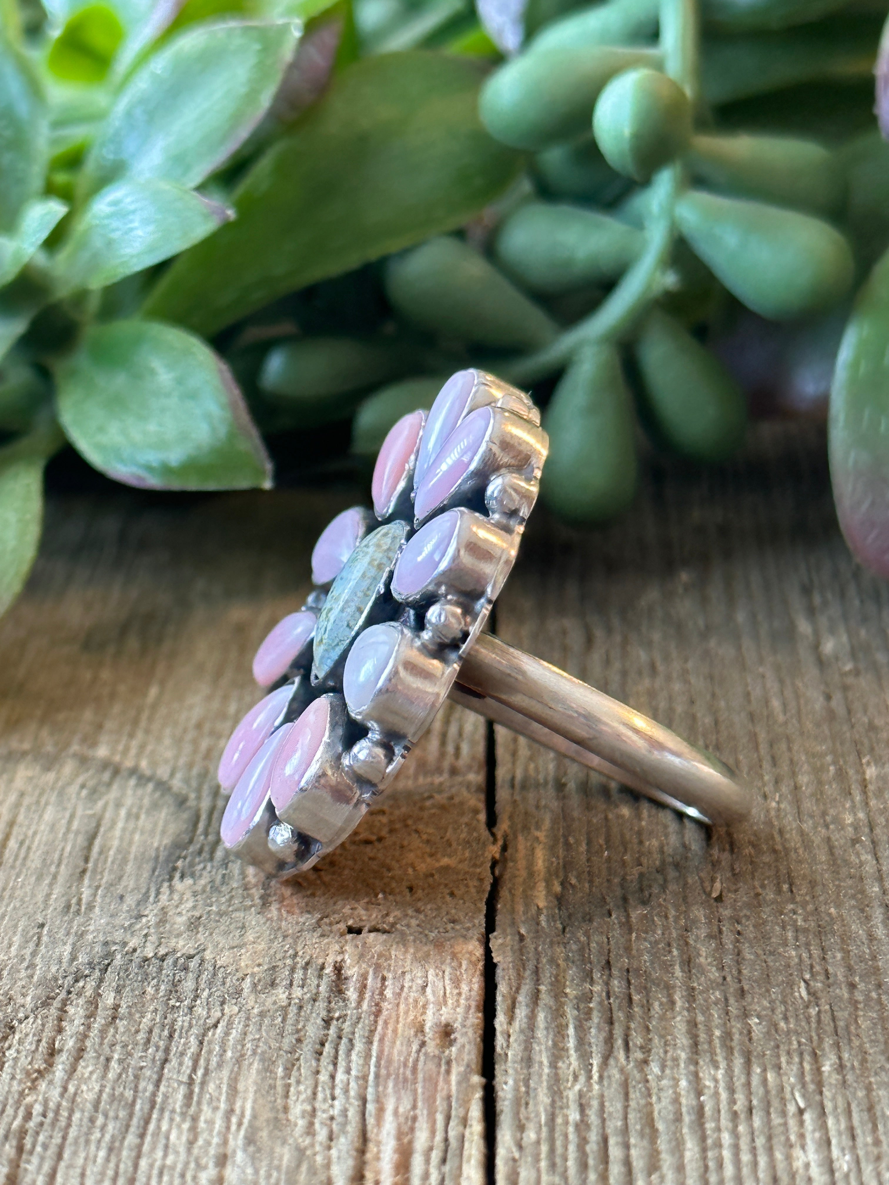 Navajo Made Golden Hill & Pink Conch & Sterling Silver Adjustable Cluster Ring