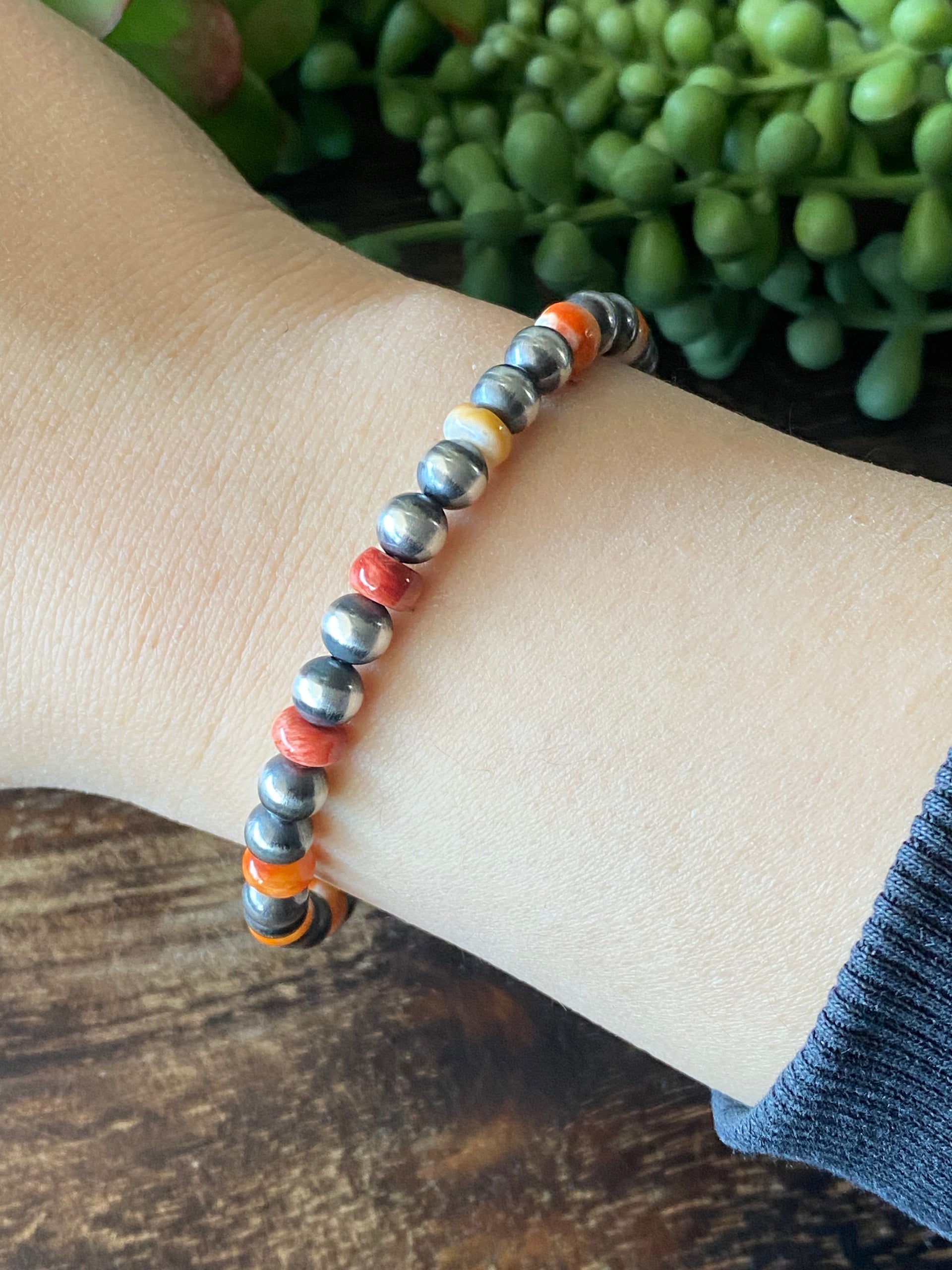 Navajo Strung Spiny Oys & Sterling Silver Pearl Adjustable Bracelets