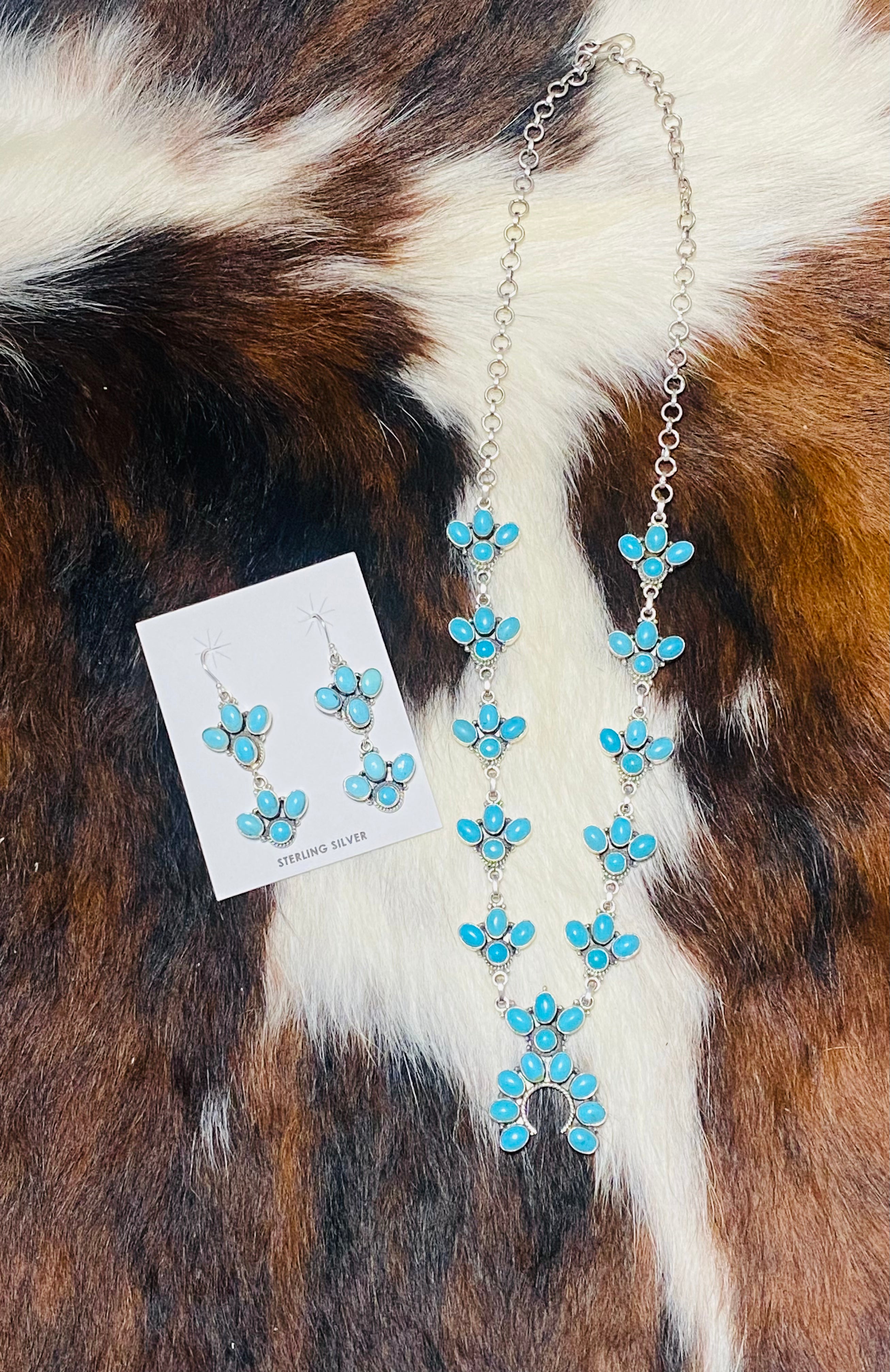 Southwest Handmade Kingman Turquoise & Sterling Silver Squash Necklace Set