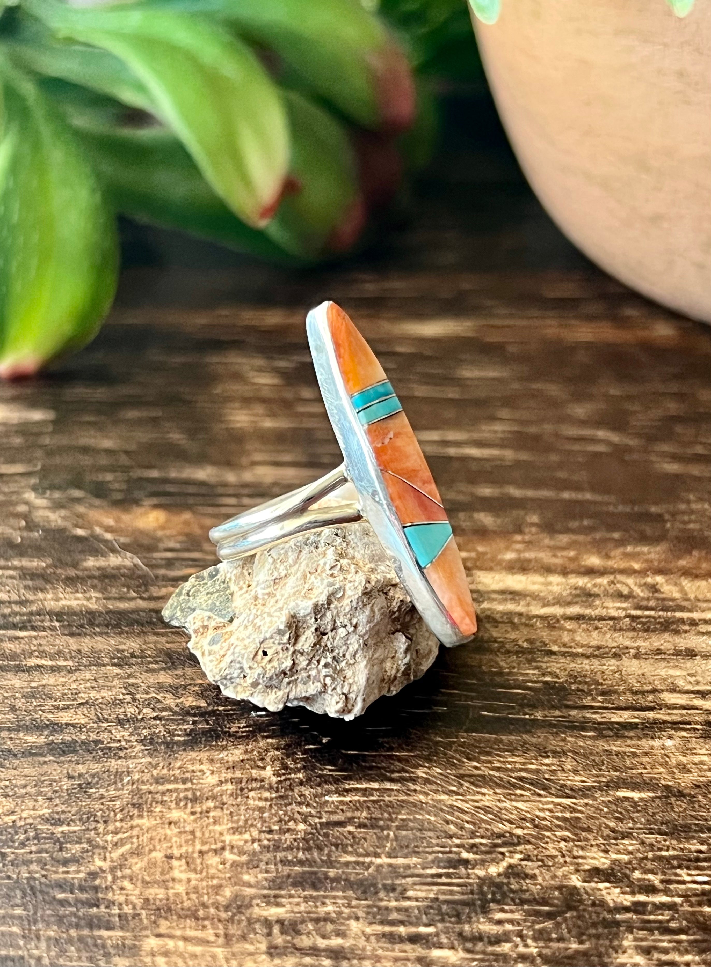 Navajo Made Multi Stone & Sterling Silver Inlay Ring Size 5