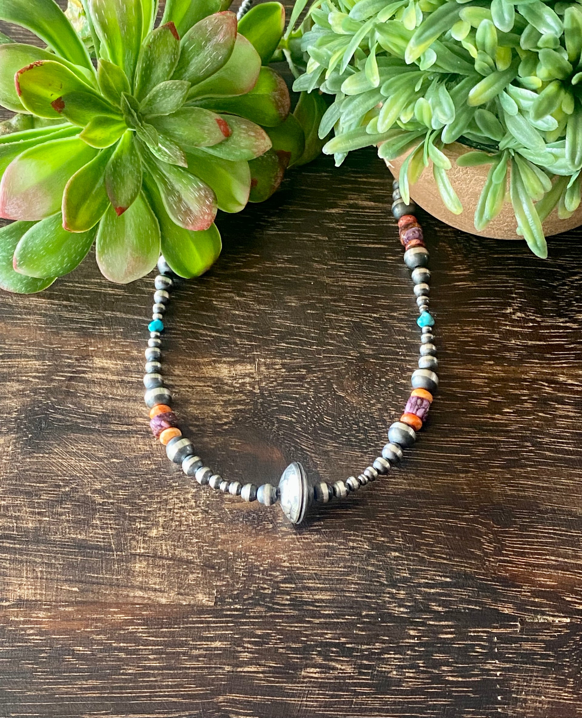 Navajo Strung Multi Stone & Sterling Silver Graduated Liberty Dime Pearl Necklace