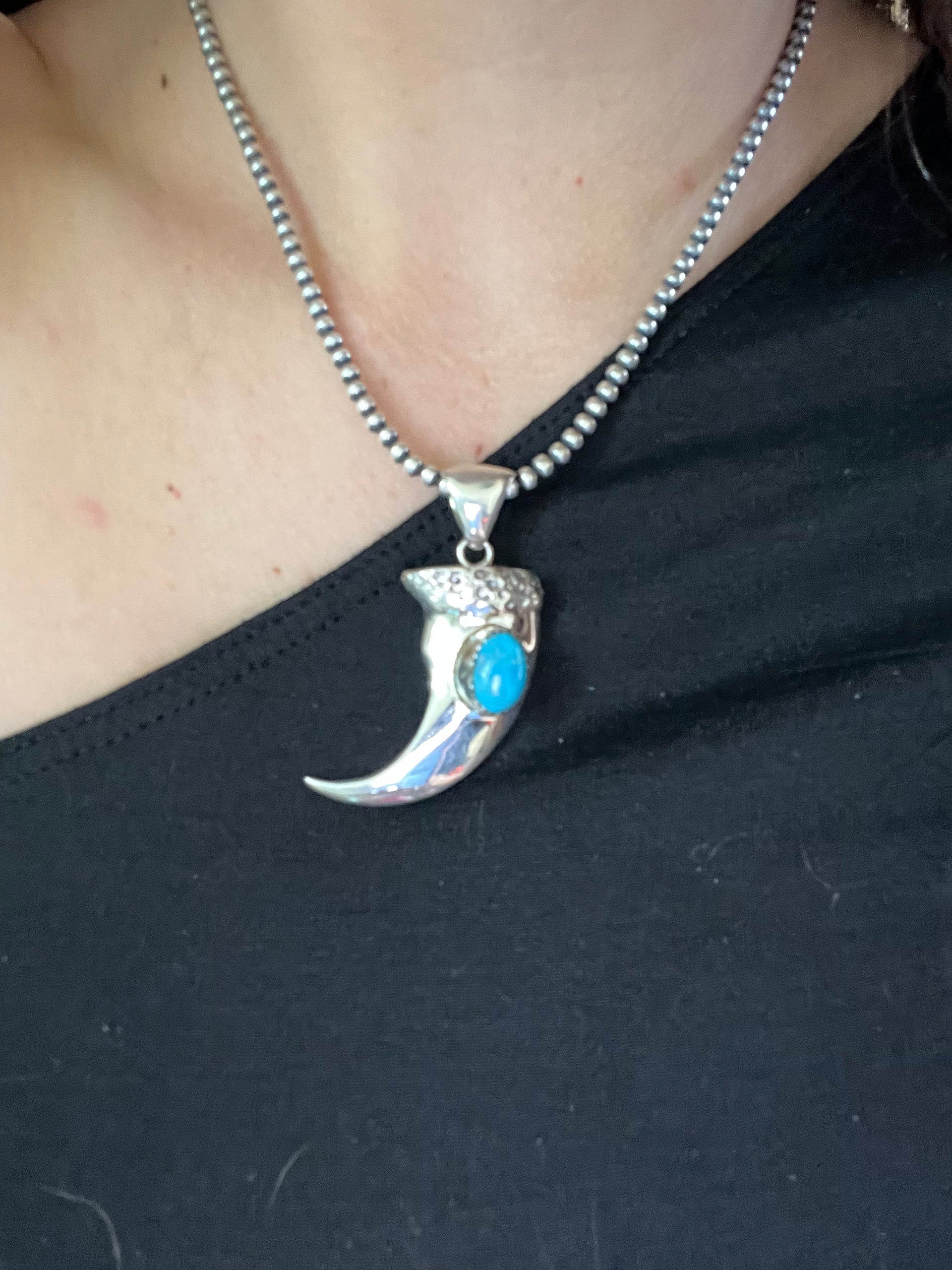 Navajo Made Kingman Turquoise & Sterling Silver Claw Pendant