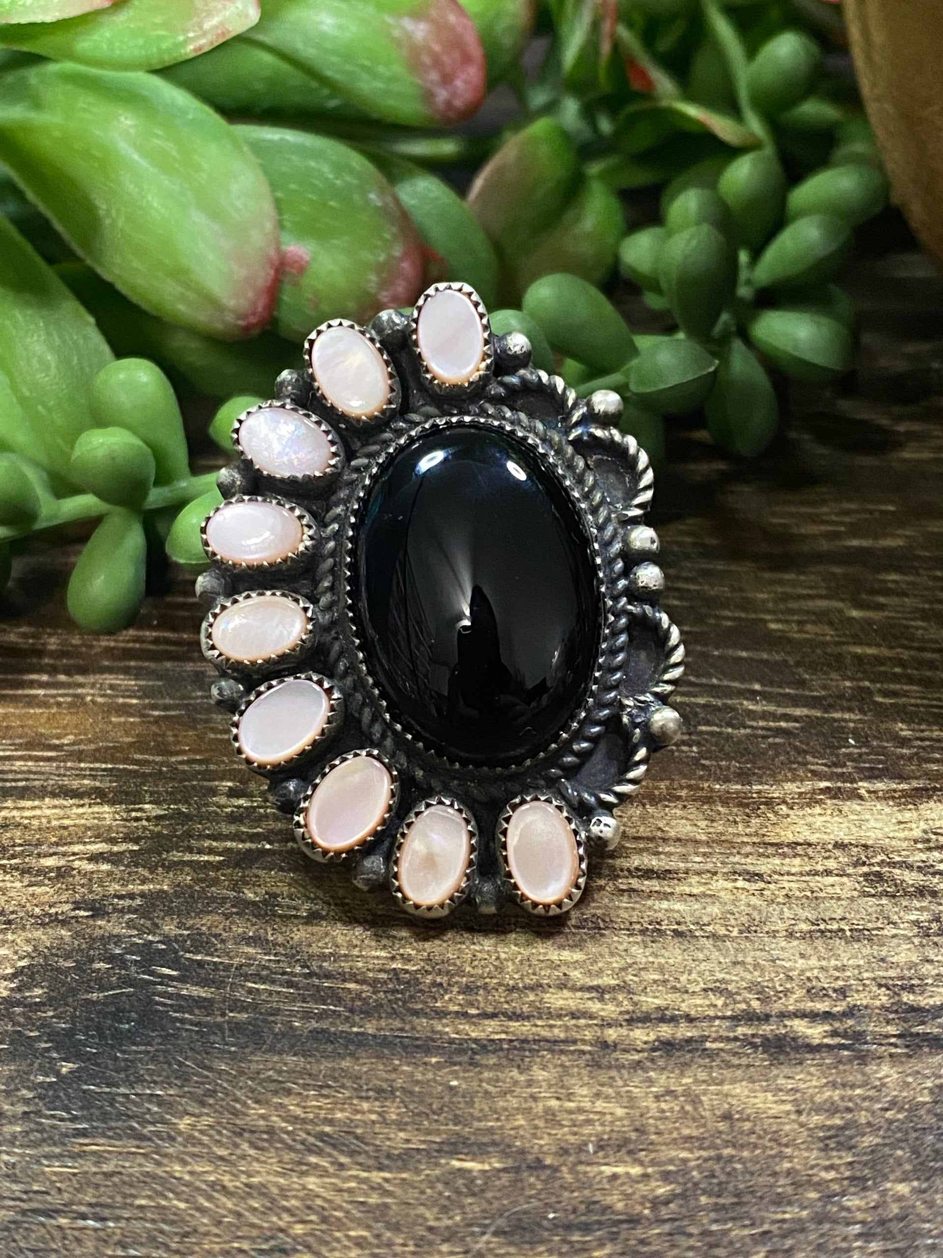 Navajo Made Onyx & Mother of Pearl Sterling Silver Ring Size 8.5