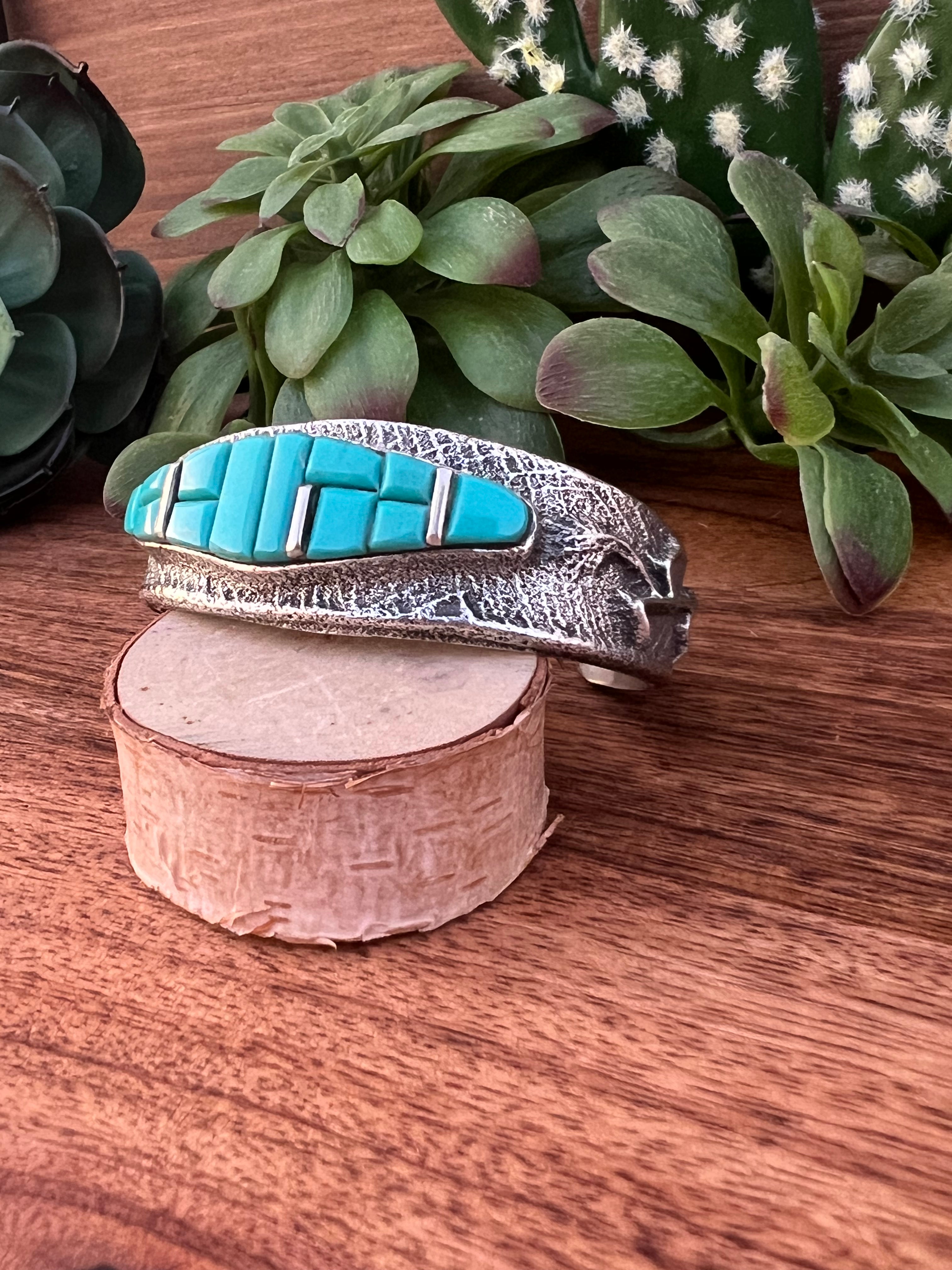 Navajo Kingman Turquoise & Sterling Silver Cobblestone Tufa Cast Cuff Bracelet