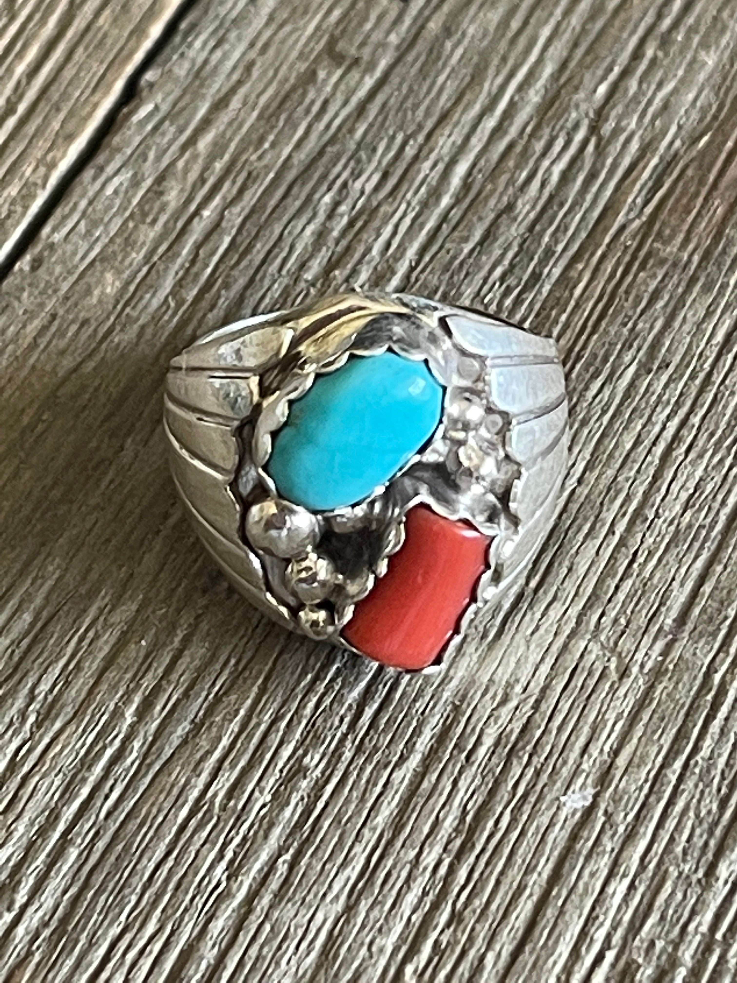 Alvery Smith Turquoise & Coral Sterling Silver Men’s Ring Size 10.5