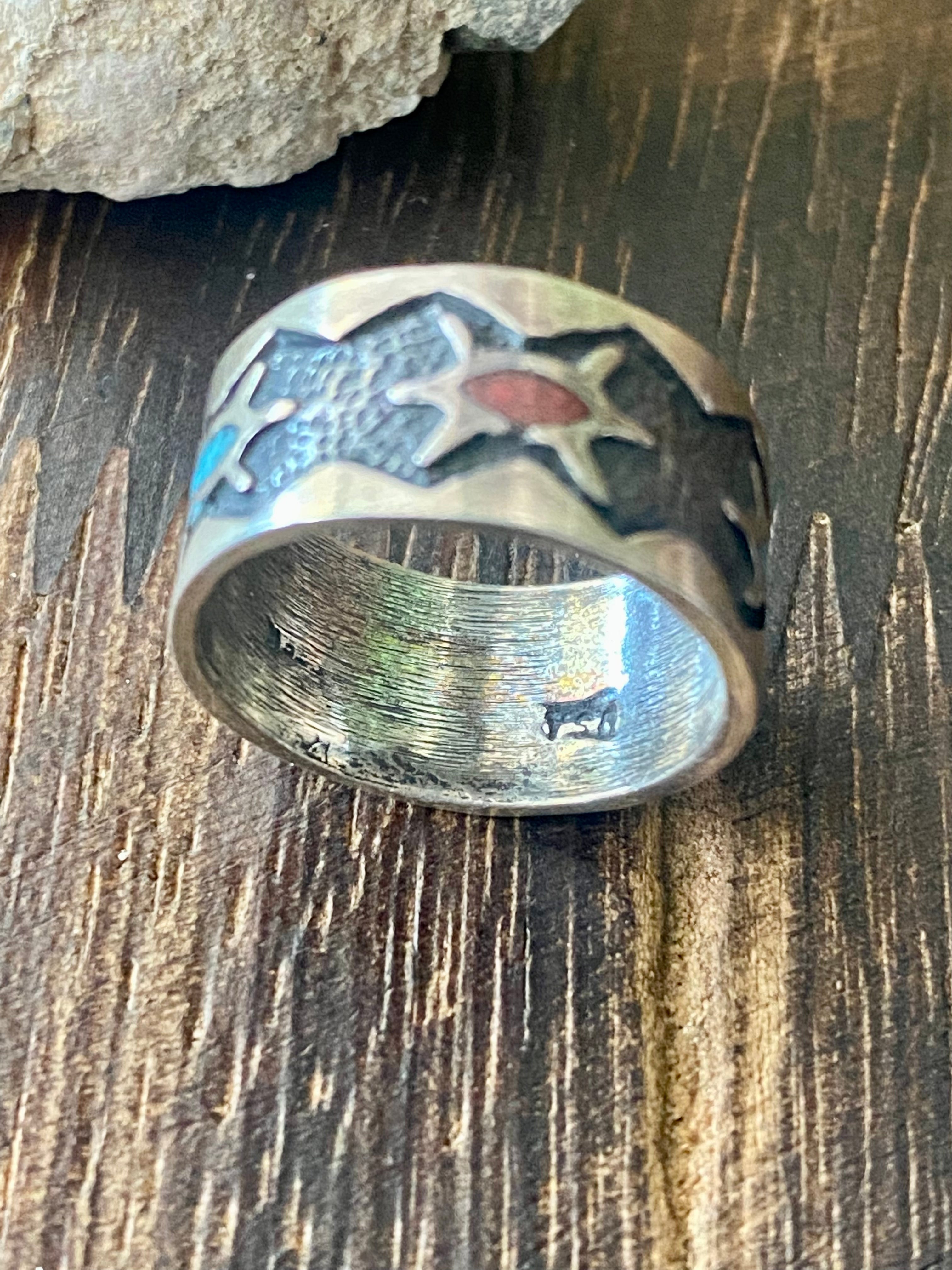 Navajo Made Multi Stone & Sterling Silver Flake Turtle Ring Size 4.5