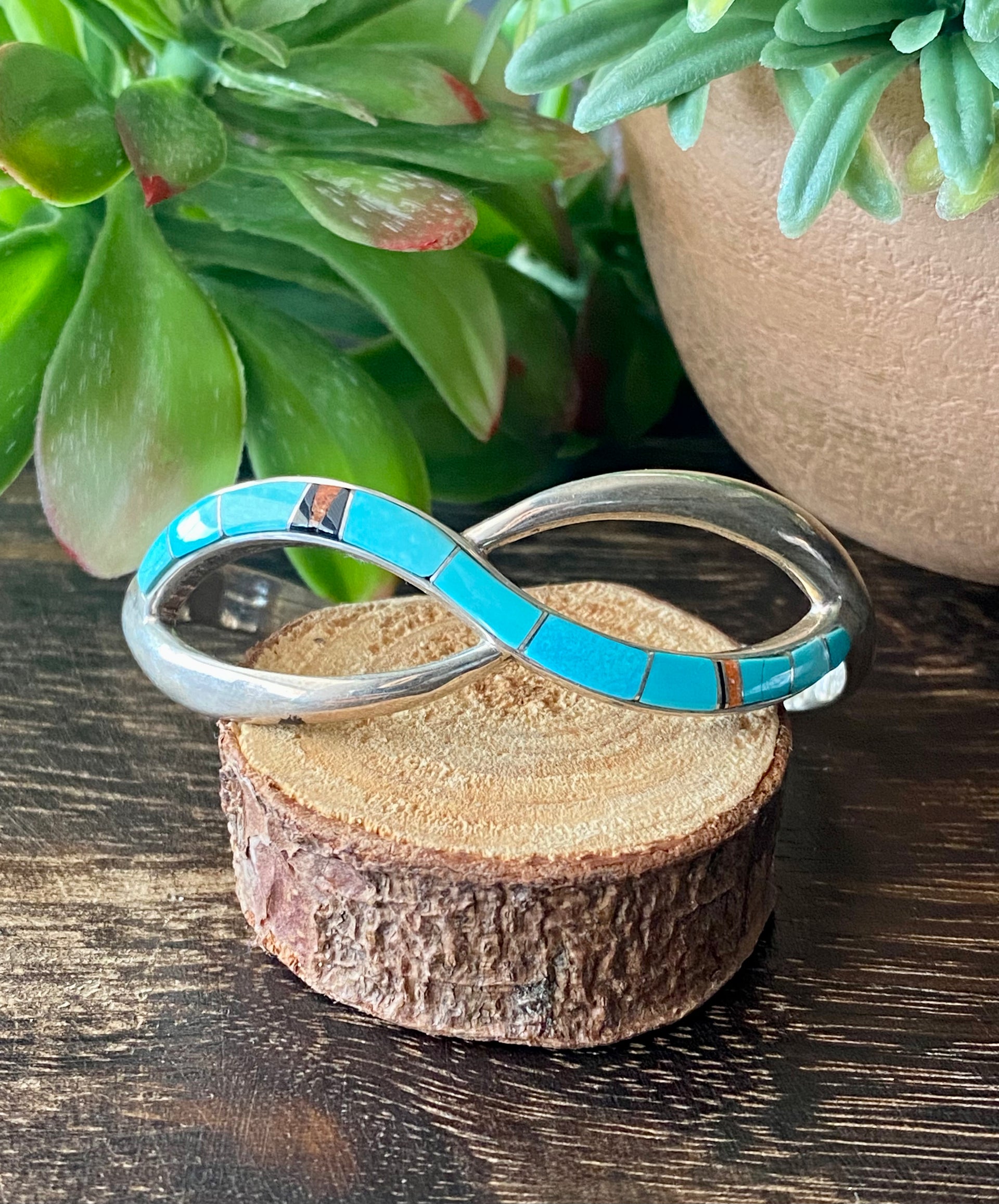 Navajo Made Multi Stone & Sterling Silver Inlay Cuff Bracelet