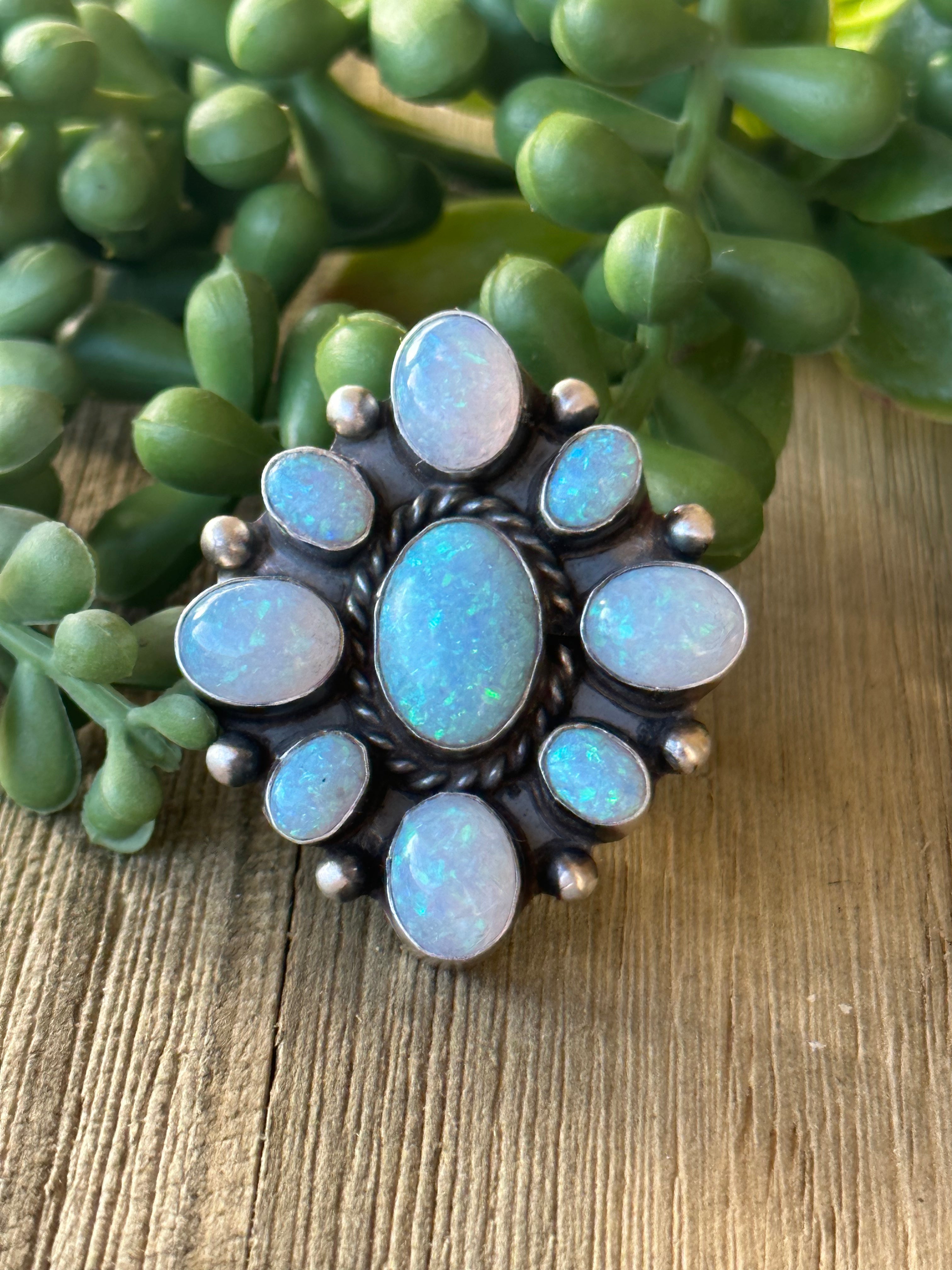 Navajo Made Opal (Man-made) & Sterling Silver Cluster Ring Size 10.5