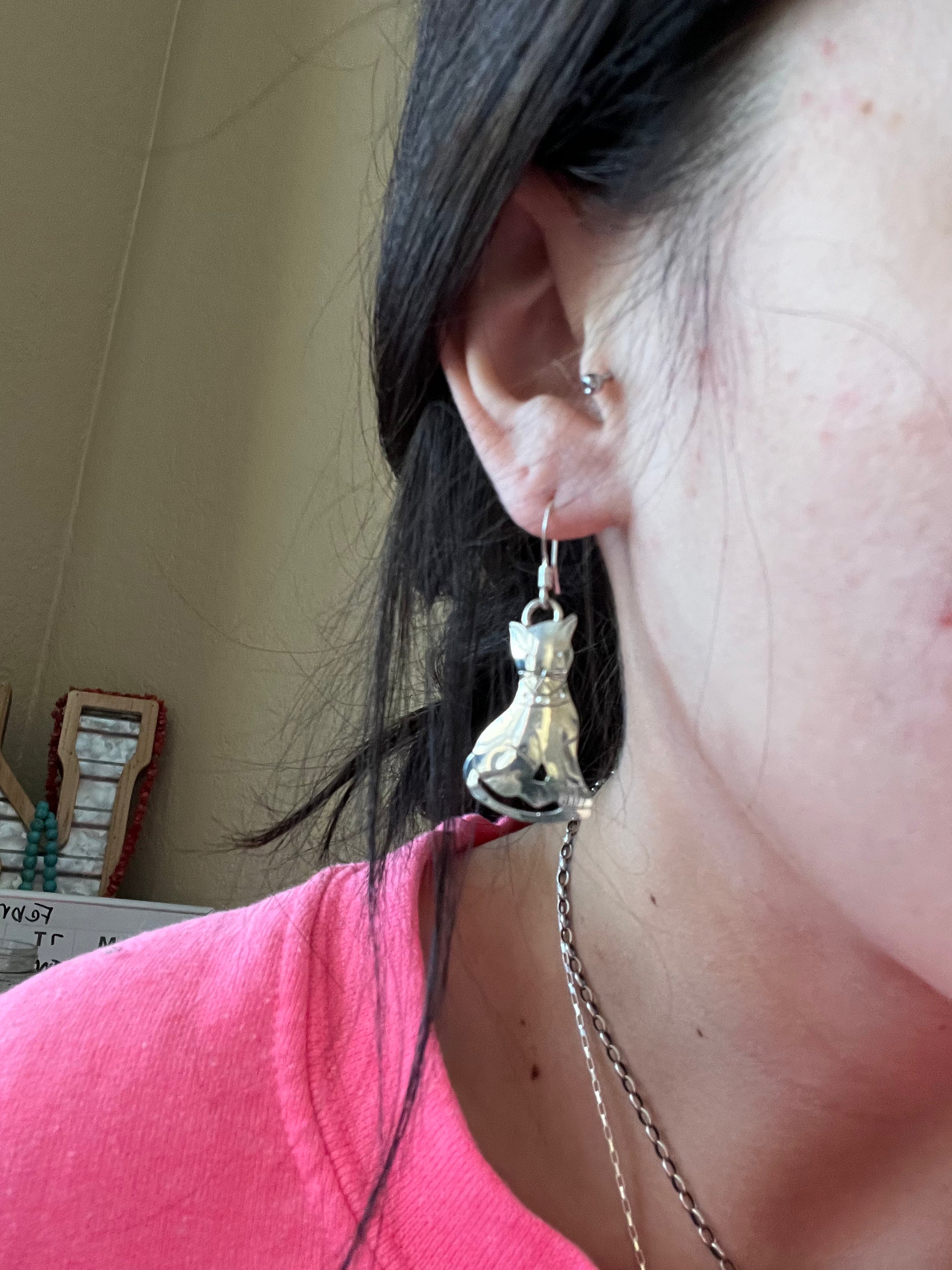 Southwestern Made Sterling Silver Cat Dangle Earrings