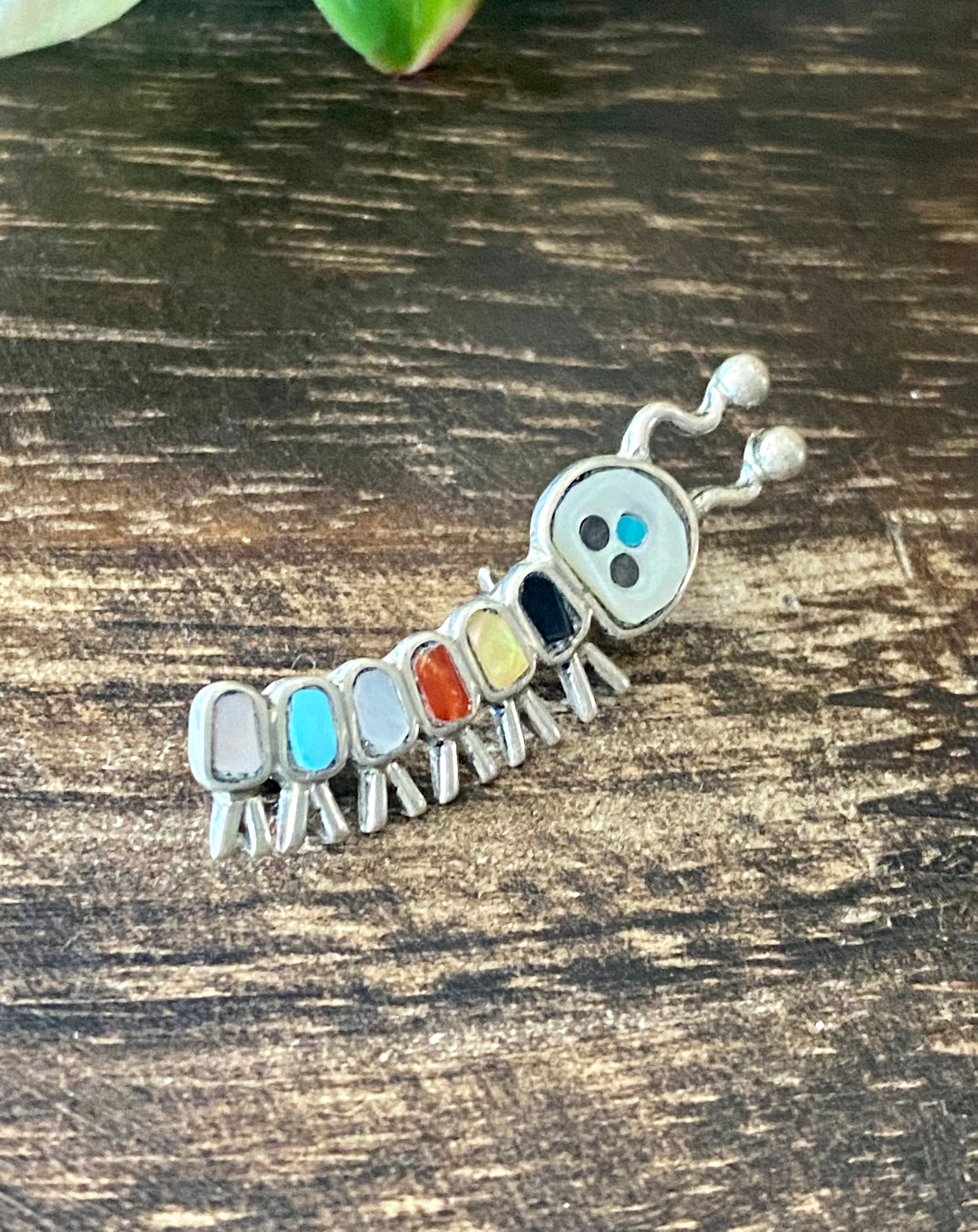 Howard Shelendewa Multi Stone & Sterling Silver Inlay Caterpillar Pin