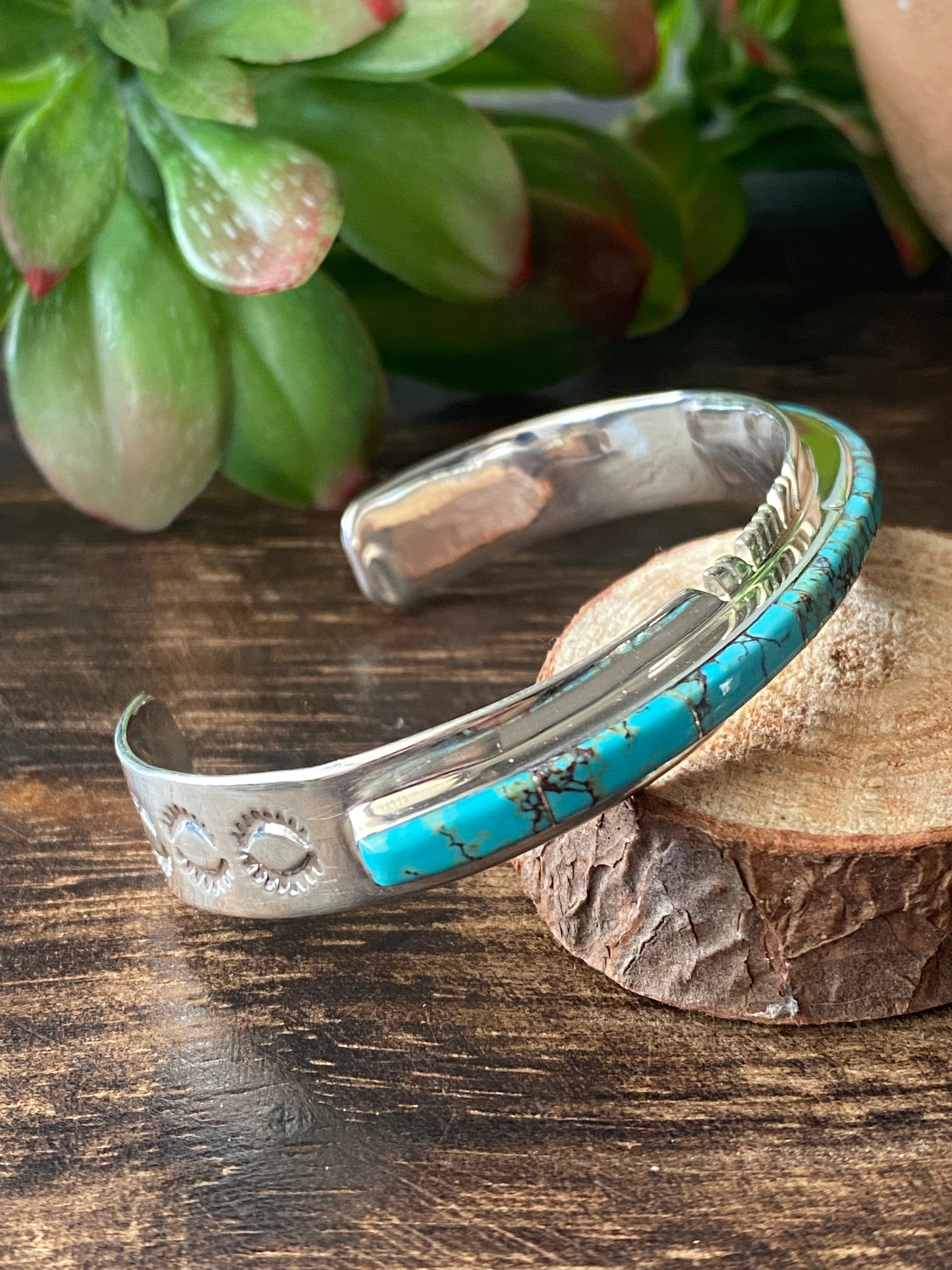 Navajo Made #8 Turquoise & Sterling Silver Inlay Cuff Bracelet