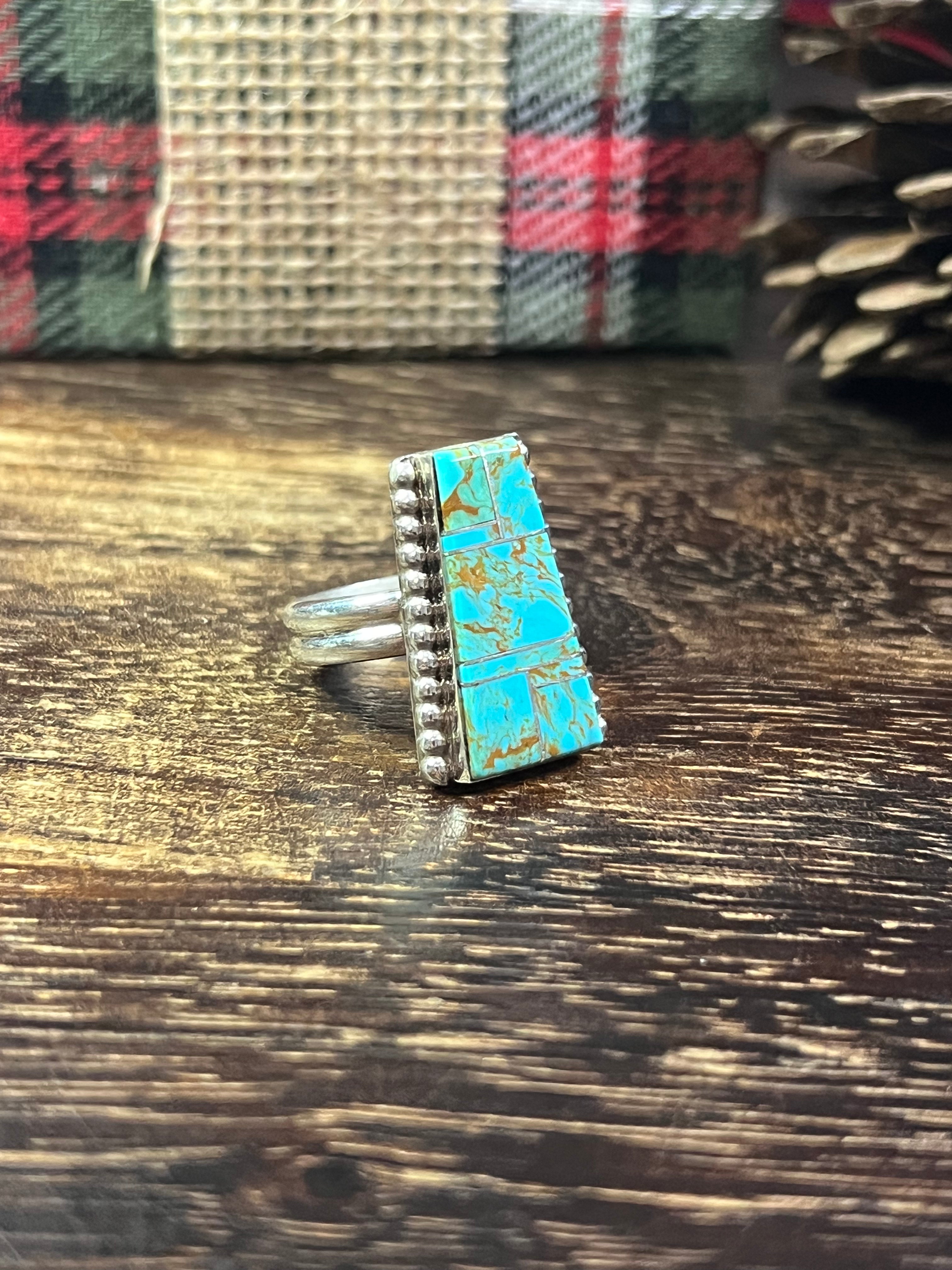 Wilbert Grey #8 Turquoise & Sterling Silver Inlay Ring Size 9.25