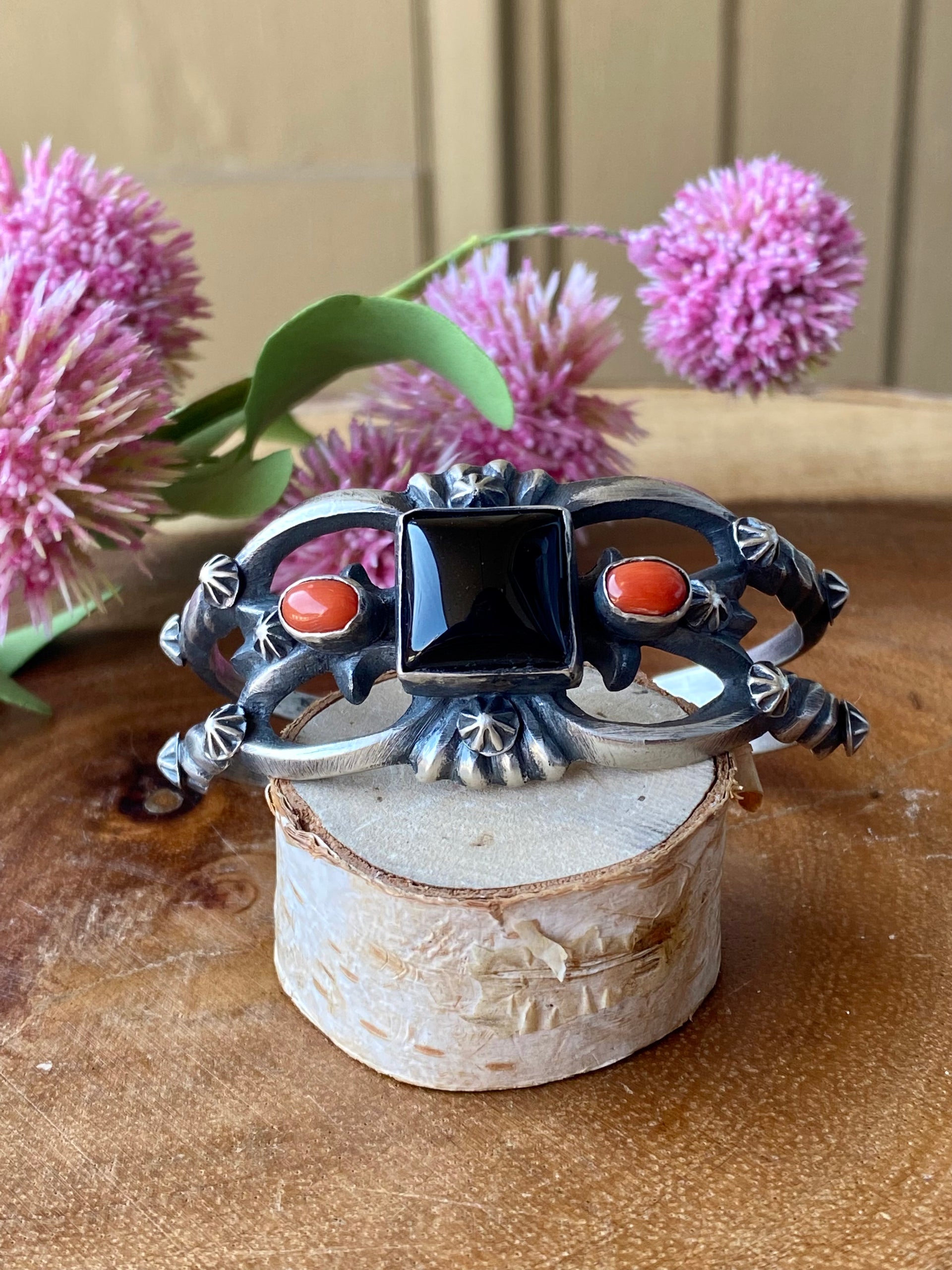 Chimney Butte Onyx & Coral Sterling Silver Cuff Bracelet