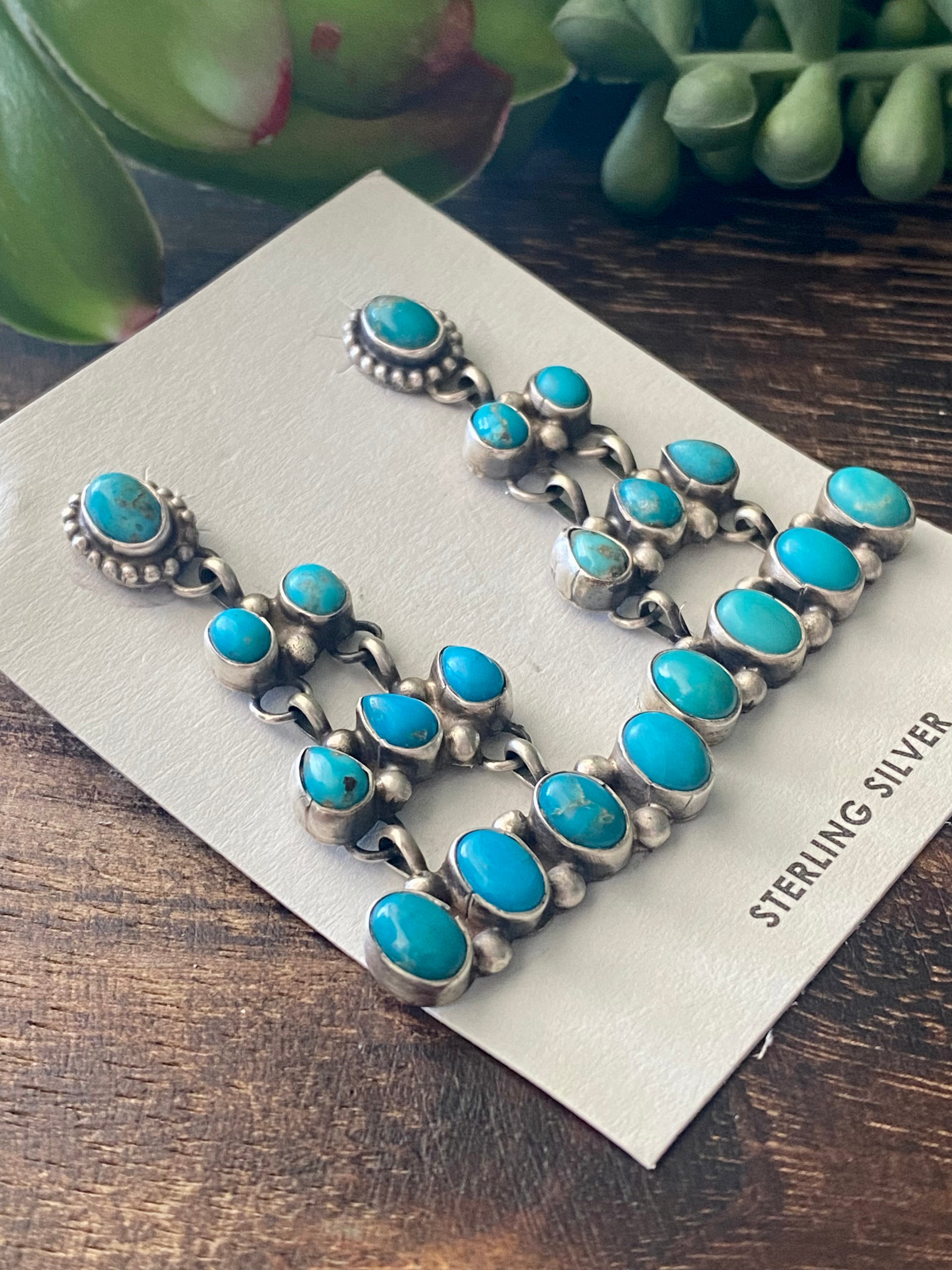 Sheila Becenti Kingman Turquoise & Sterling Silver Post Dangle Earrings