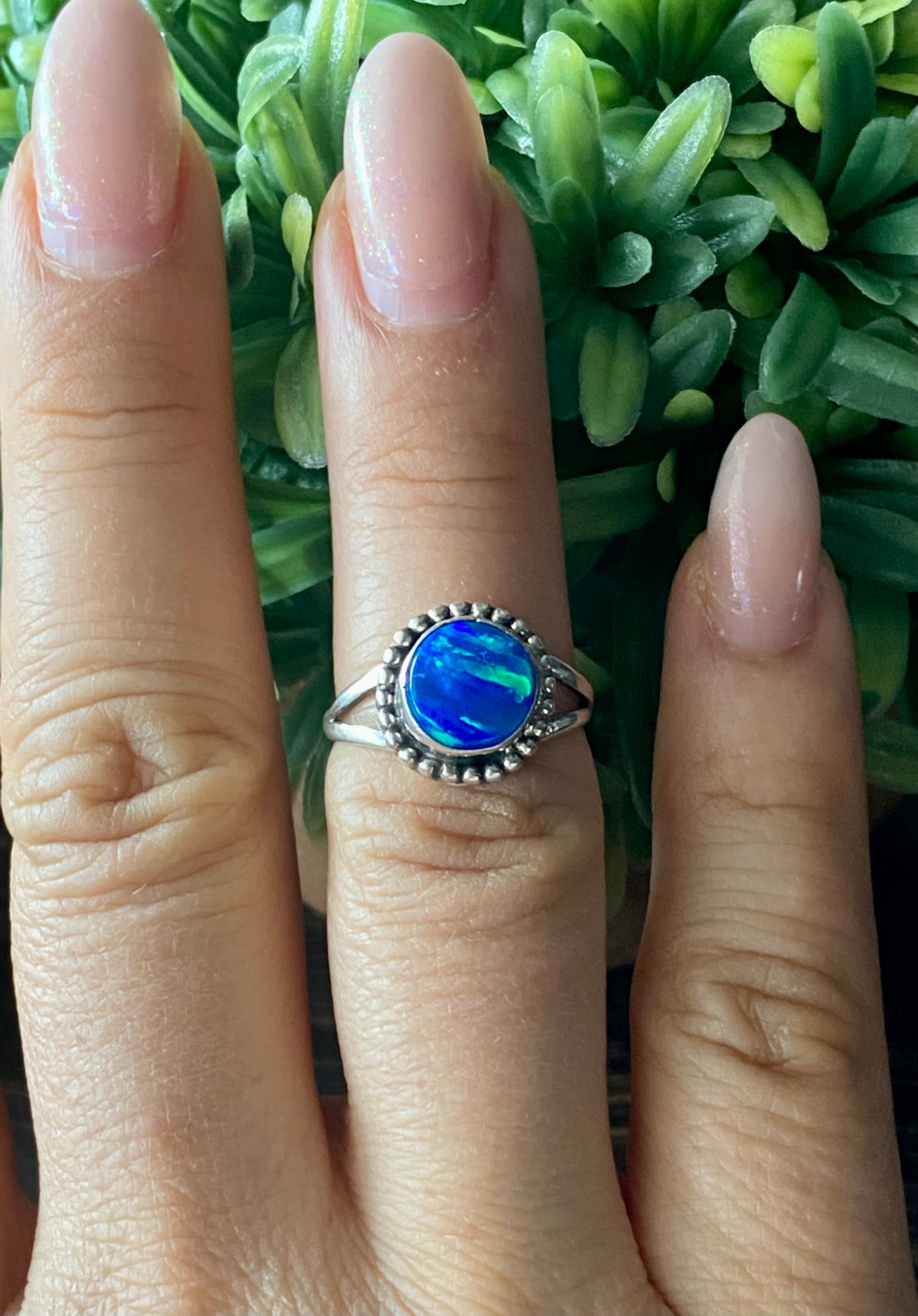 Navajo Made Blue Opal & Sterling Silver Ring Size 6.25
