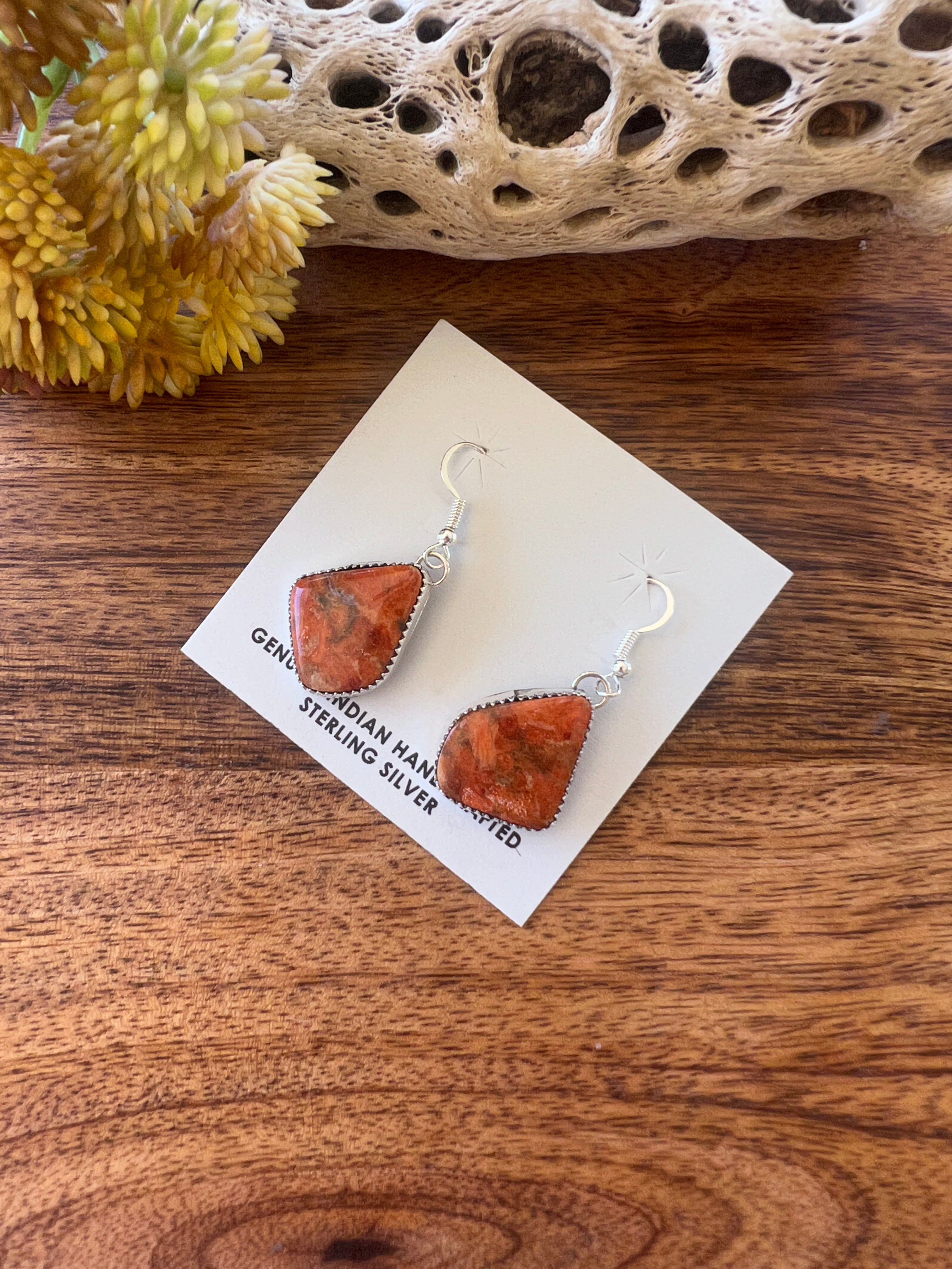 Navajo Made Apple Coral & Sterling Silver Dangle Earrings