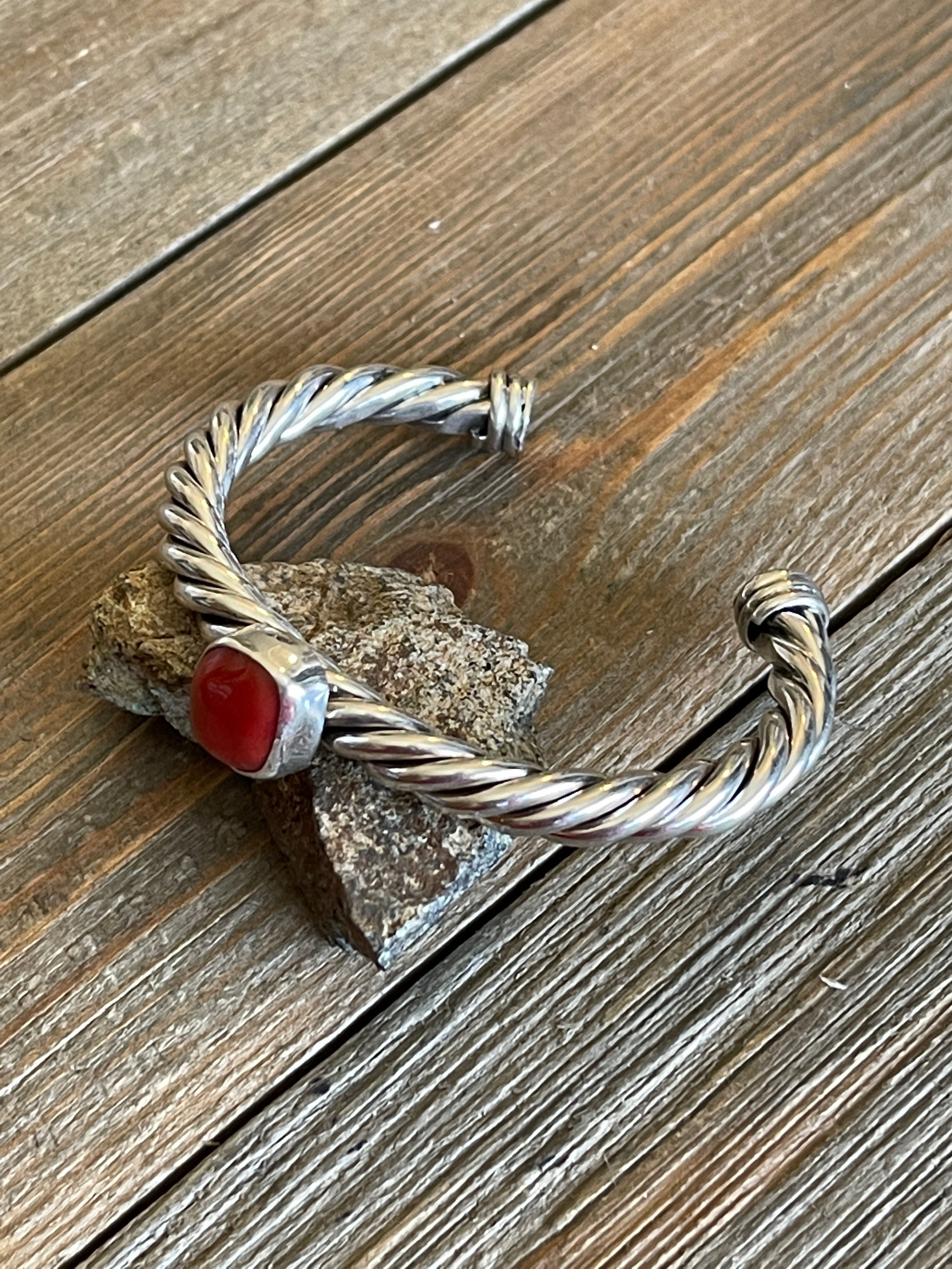 Navajo Coral & Sterling Silver Rope Cuff Bracelet