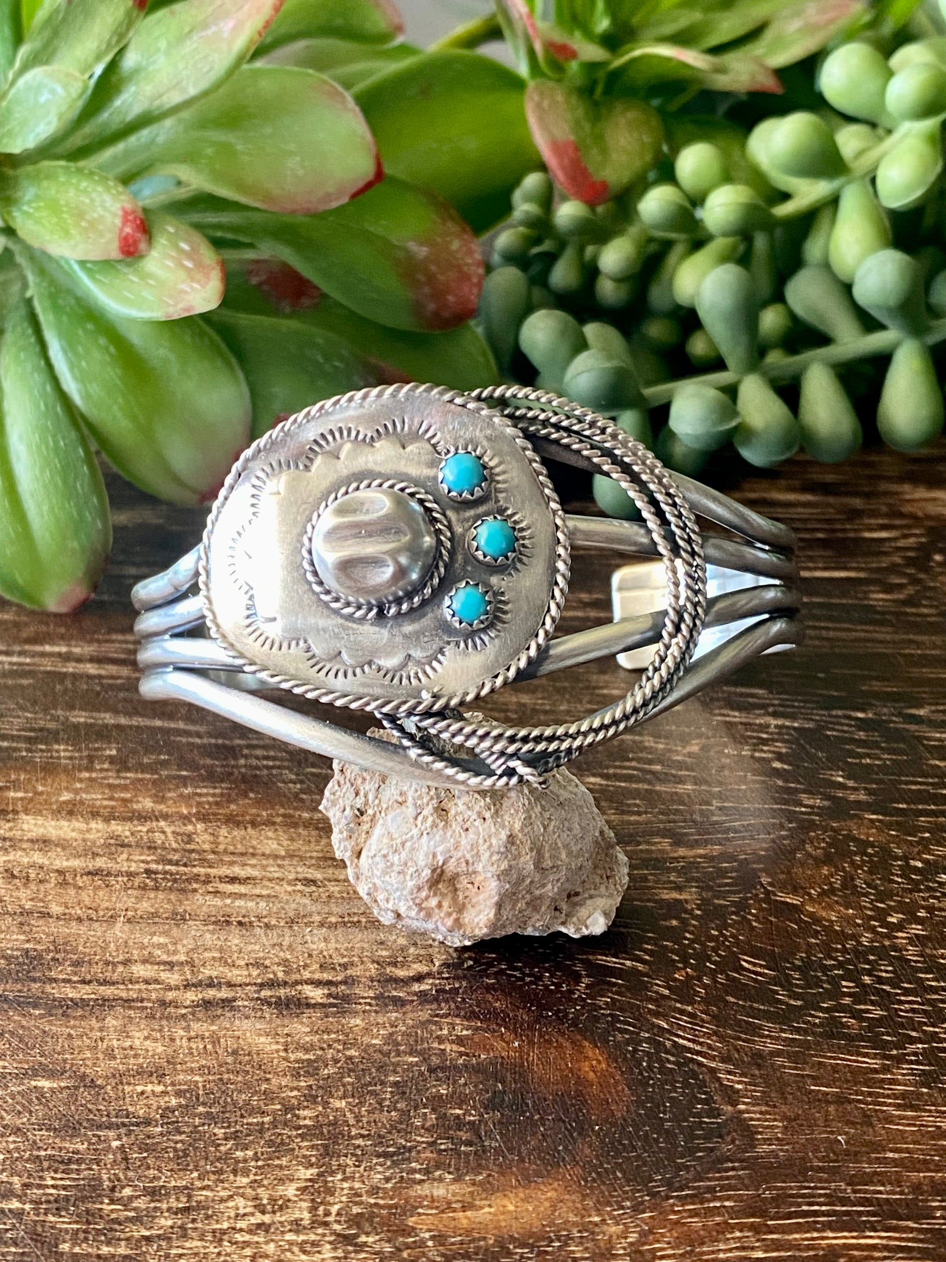 Navajo Made Kingman Turquoise & Sterling Silver Cowboy Hat Cuff Bracelet