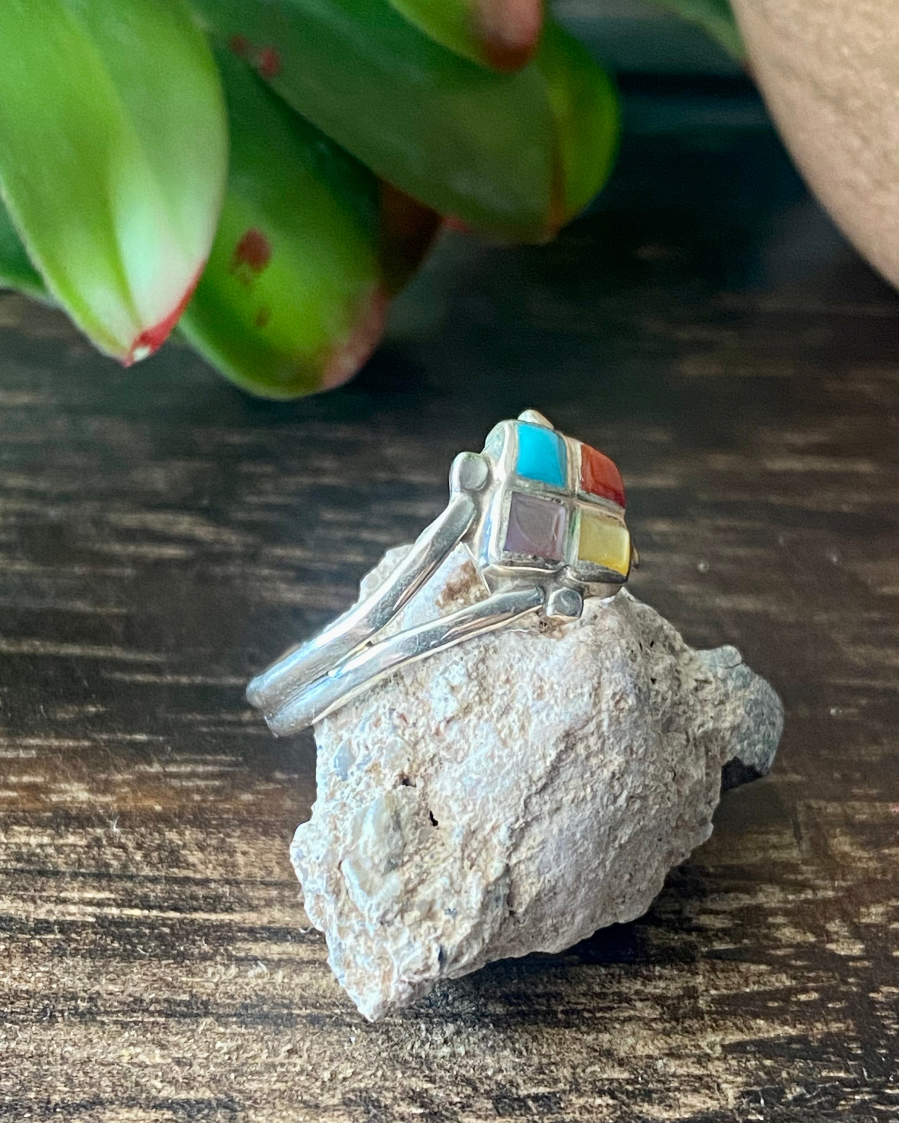 Navajo Made Multi Stone & Sterling Silver Inlay Ring Size 8.5