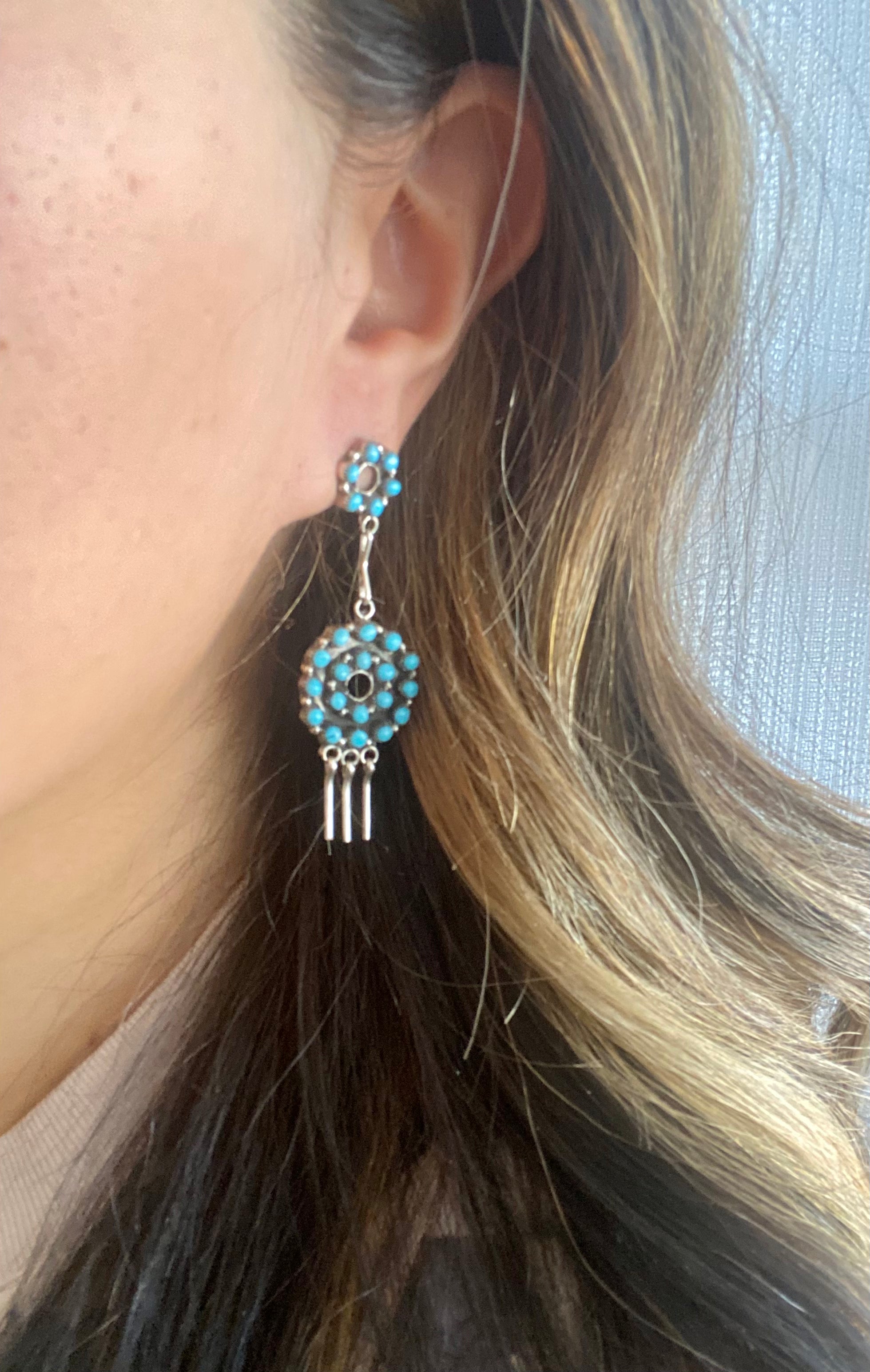 Zuni Made Turquoise & Sterling Silver Petit Point Post Dangle Earrings
