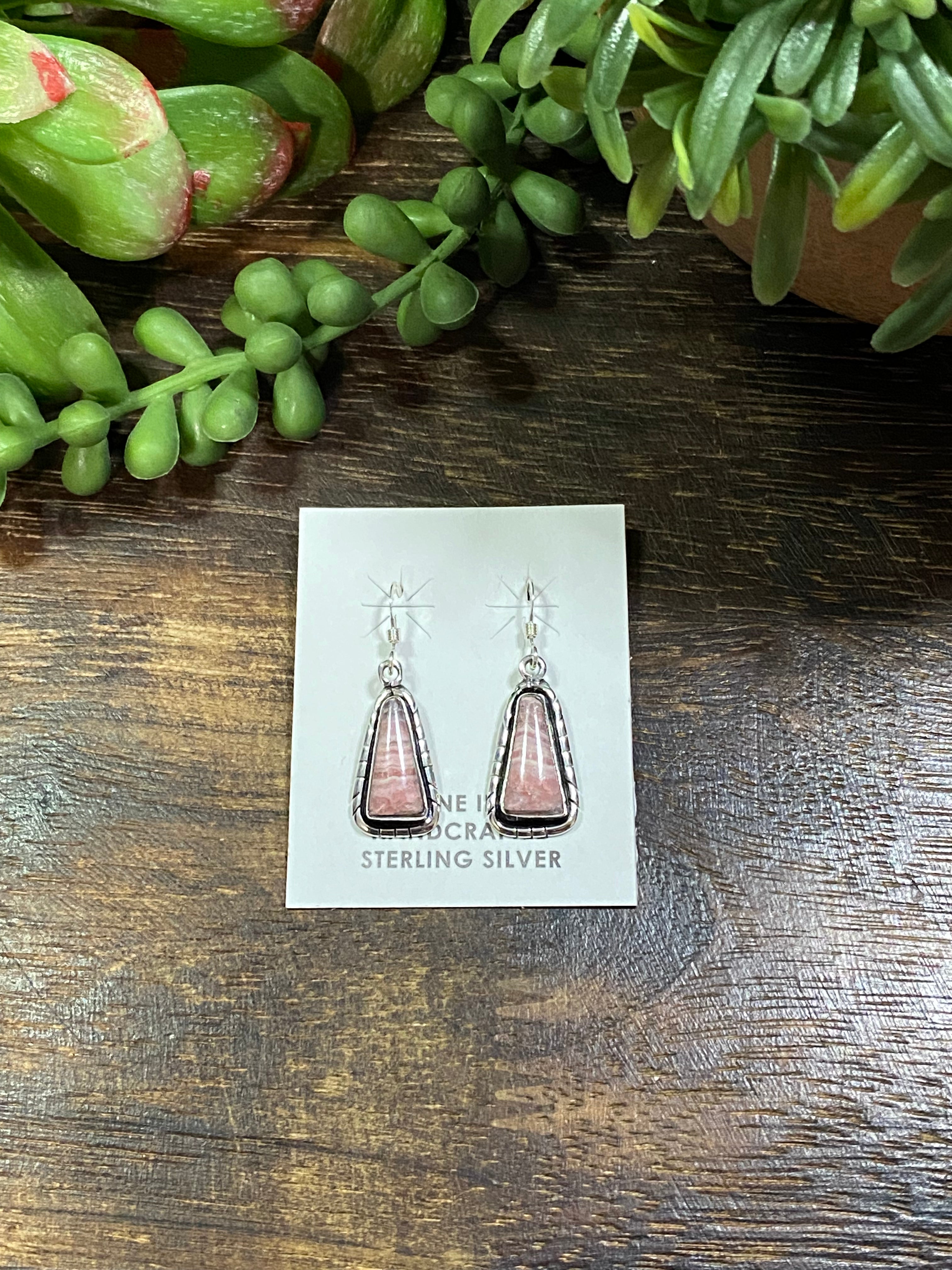 Navajo Made Rhodochrosite & Sterling Silver Dangle Earrings