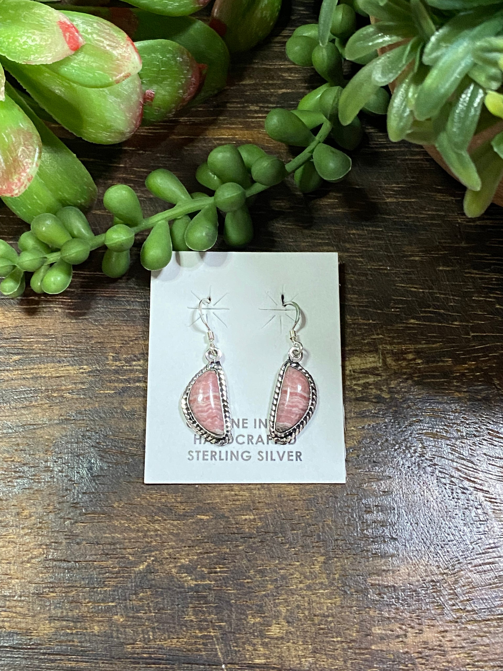 Navajo Made Rhodochrosite & Sterling Silver Dangle Earrings