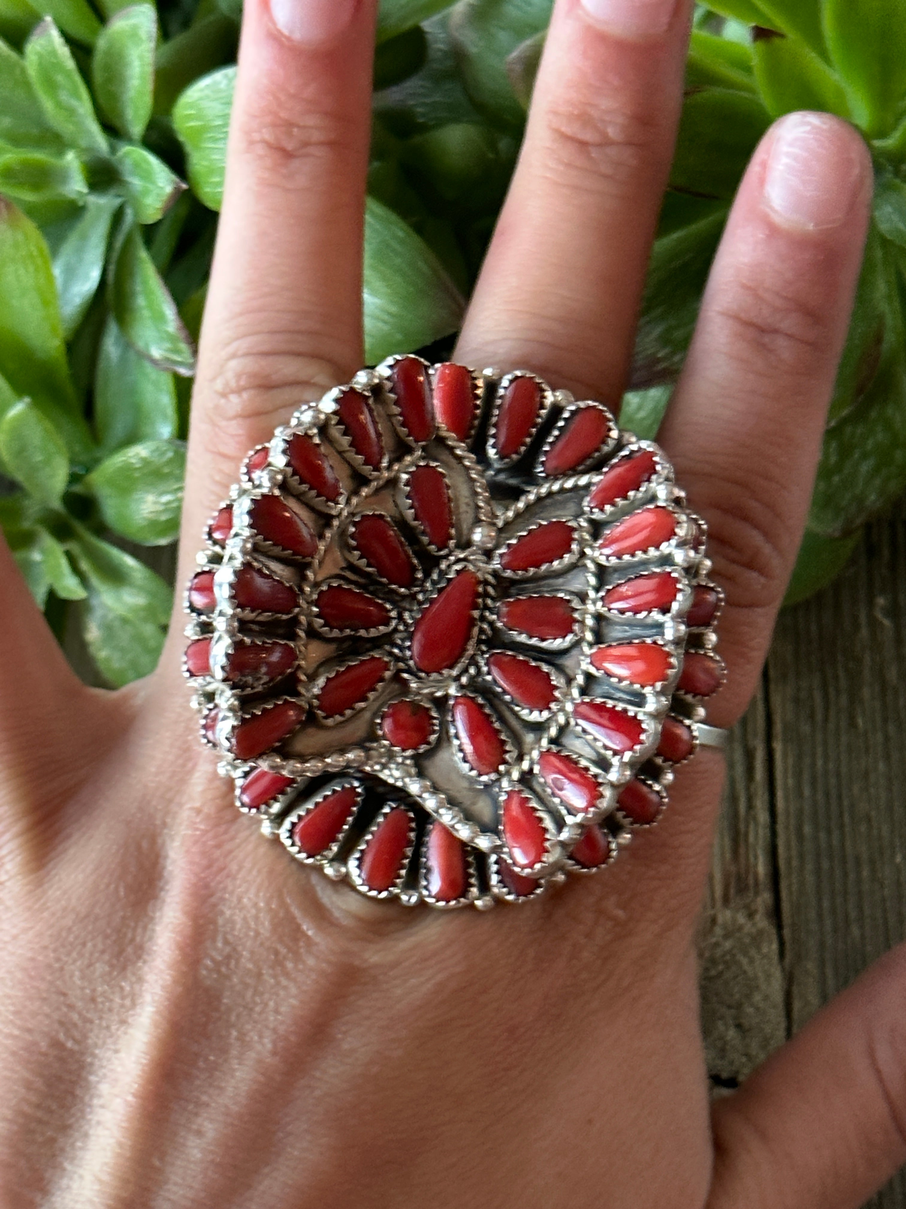 Navajo Made Coral & Sterling Silver Butterfly Cluster Adjustable Ring