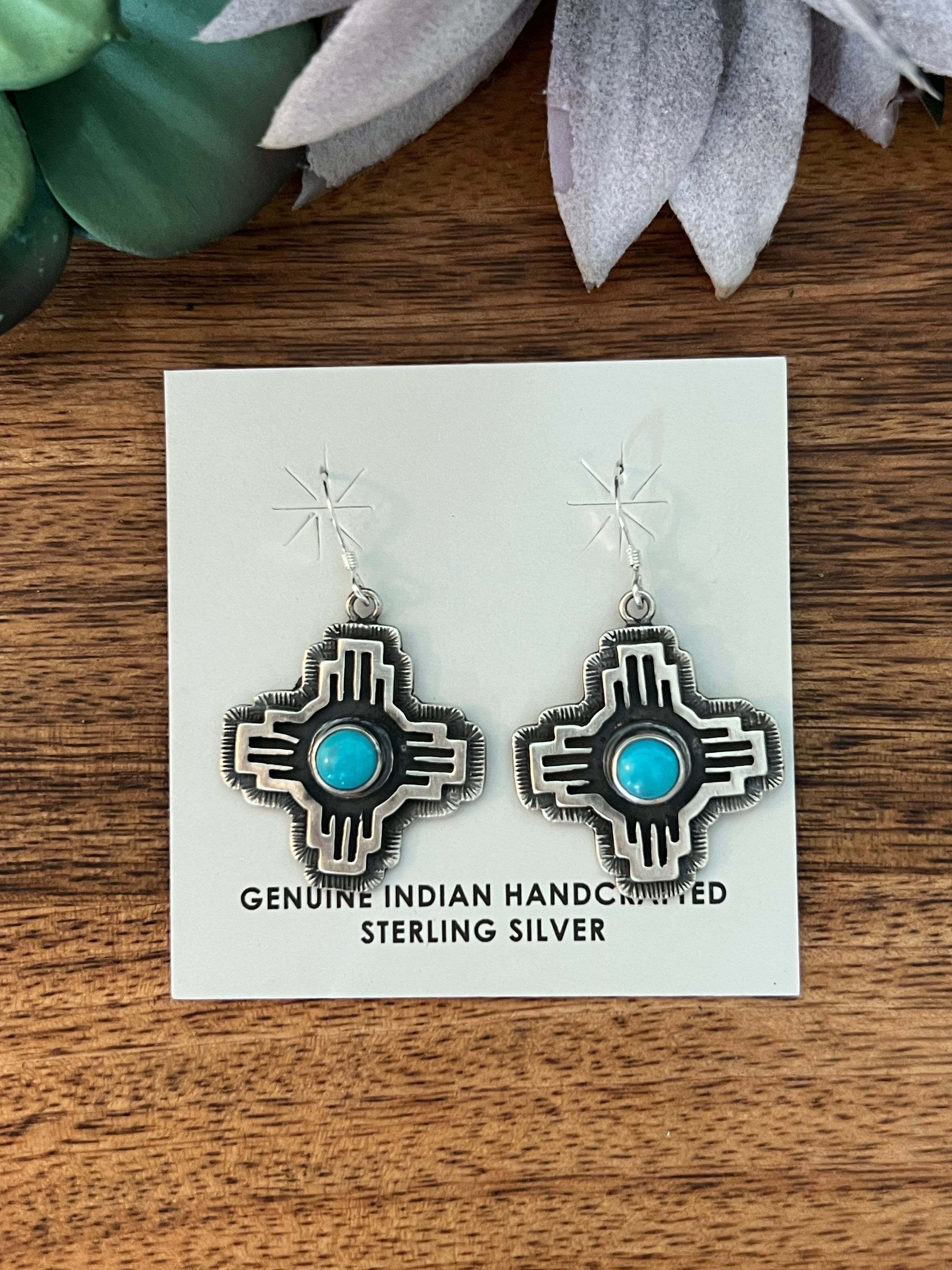 Navajo Made Kingman Turquoise & Sterling Silver Zia Dangle Earrings