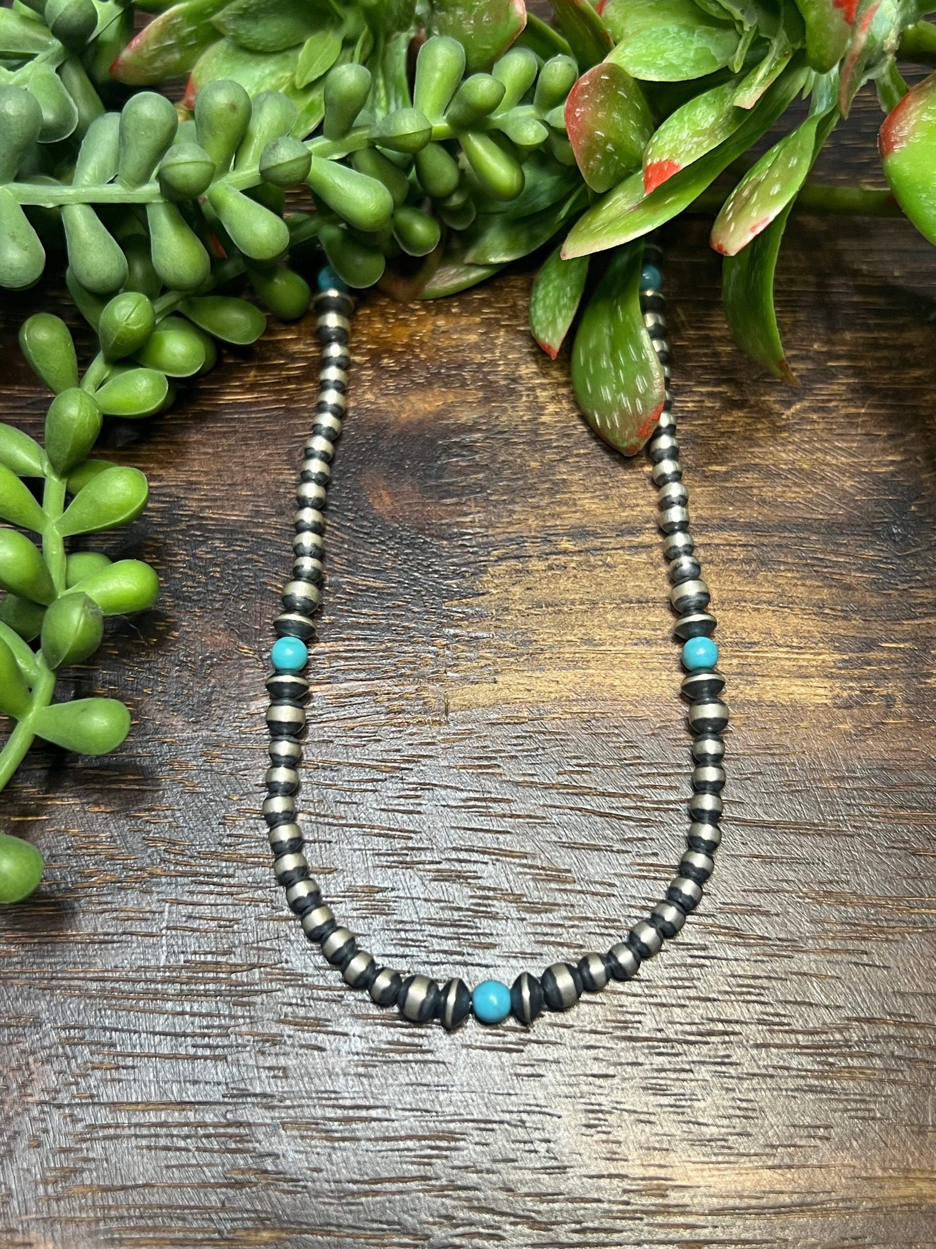 Navajo Strung Royston Turquoise & Sterling Silver Graduated Beaded Pearl Necklace
