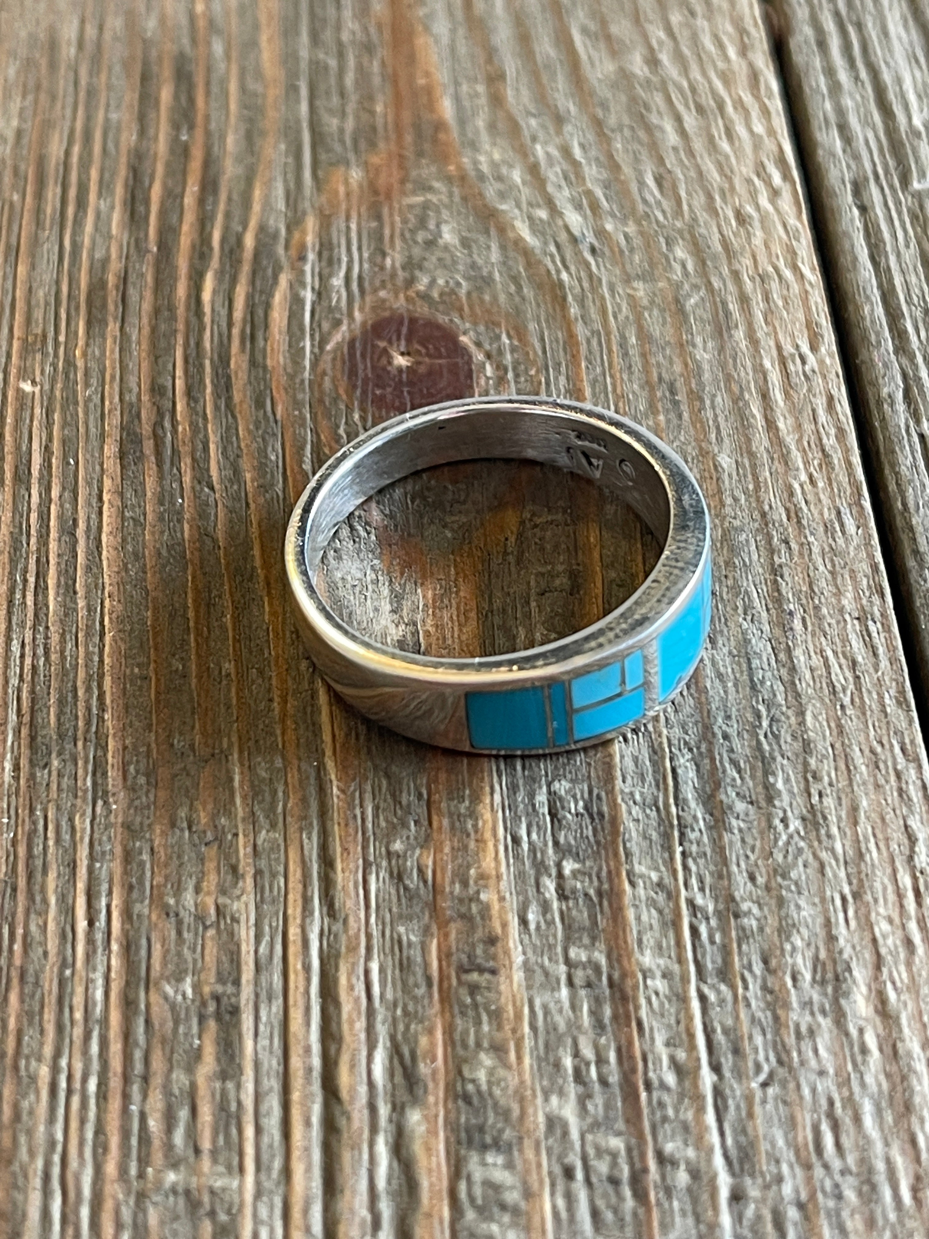 Navajo Turquoise & Sterling Silver Inlay Ring Size 14