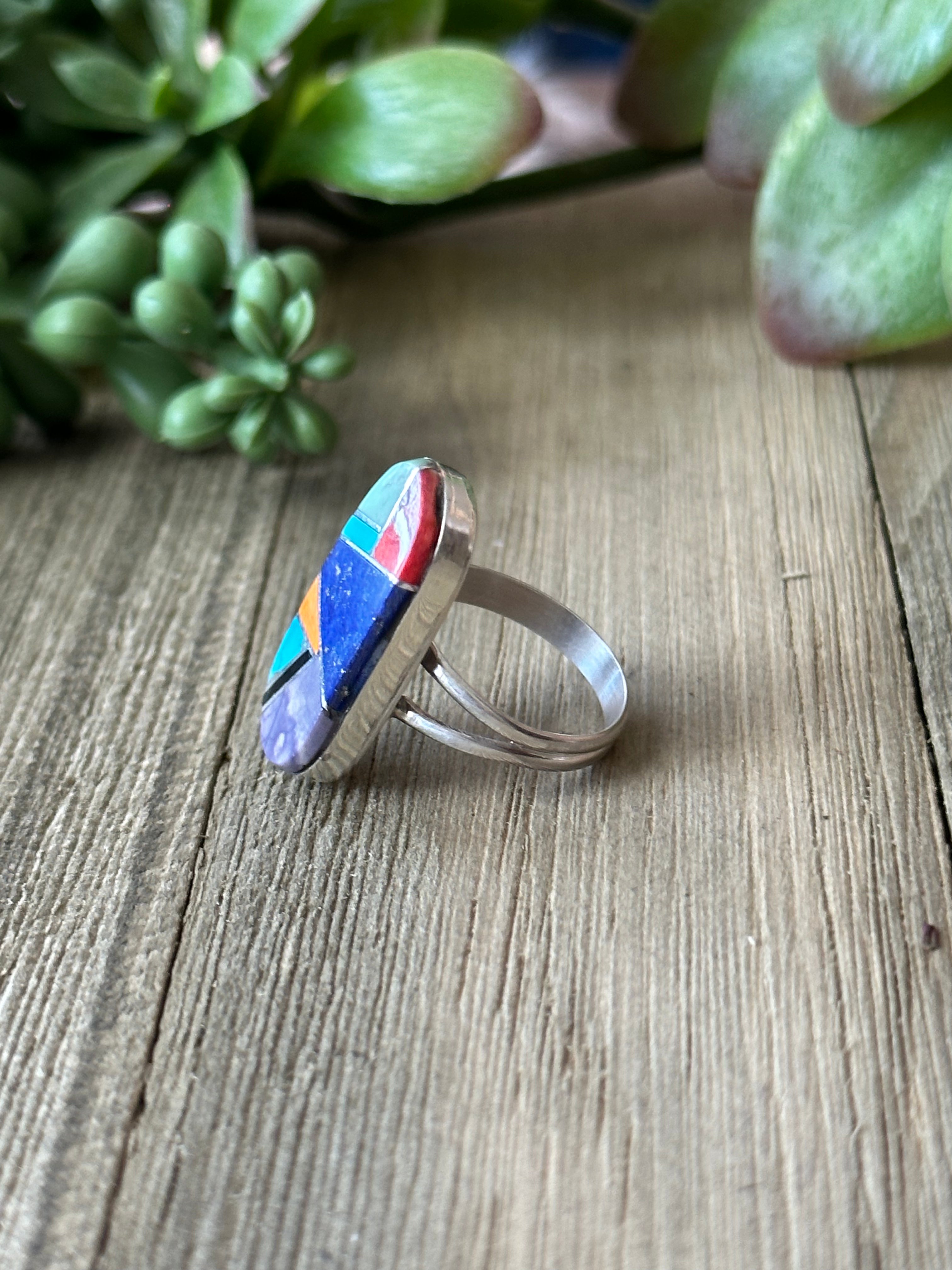 Navajo Made Multi Stone & Sterling Silver Inlay Ring Size 7.25