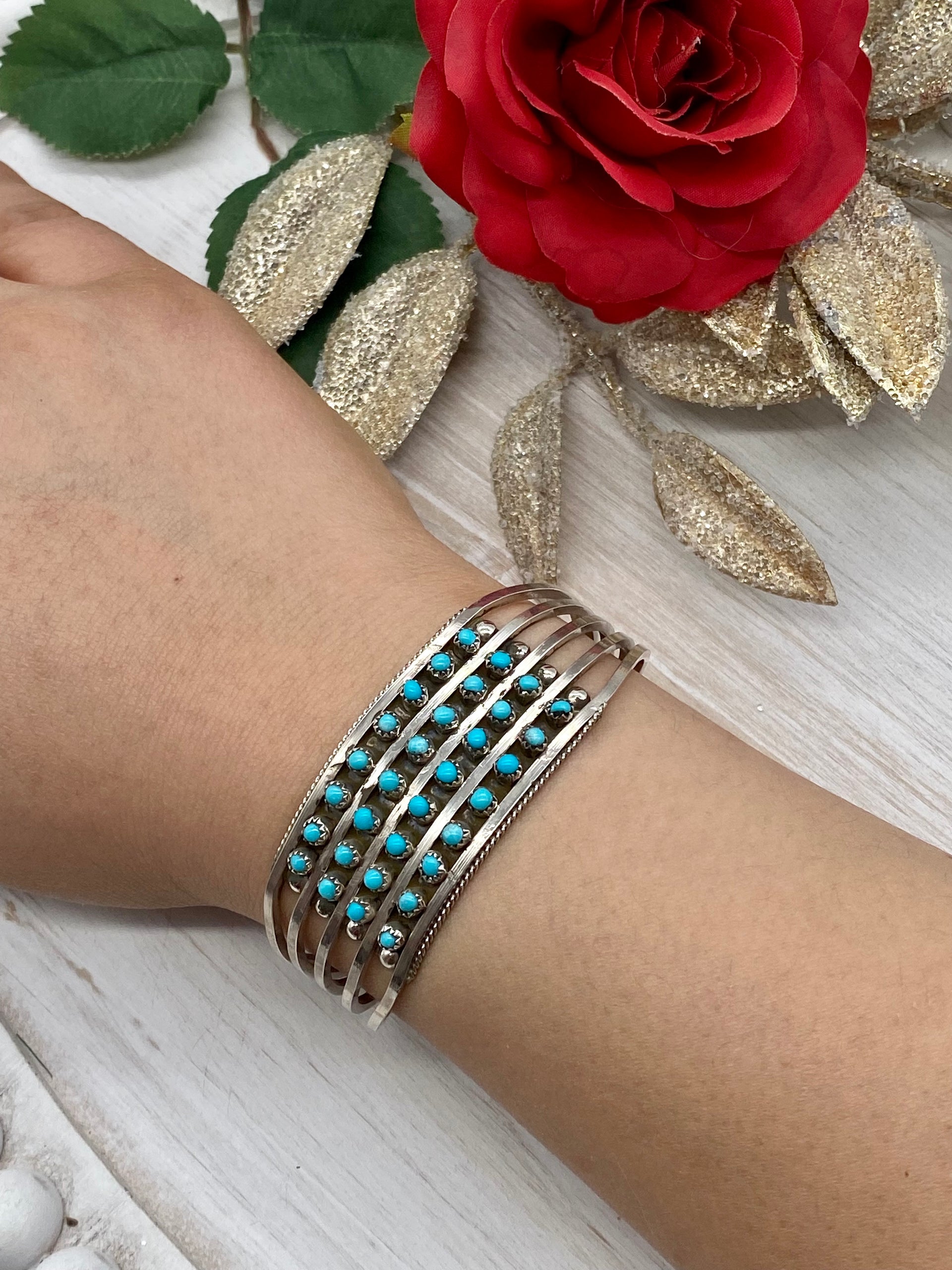 Zuni Made Turquoise & Sterling Silver Pettit Point Cuff Bracelet