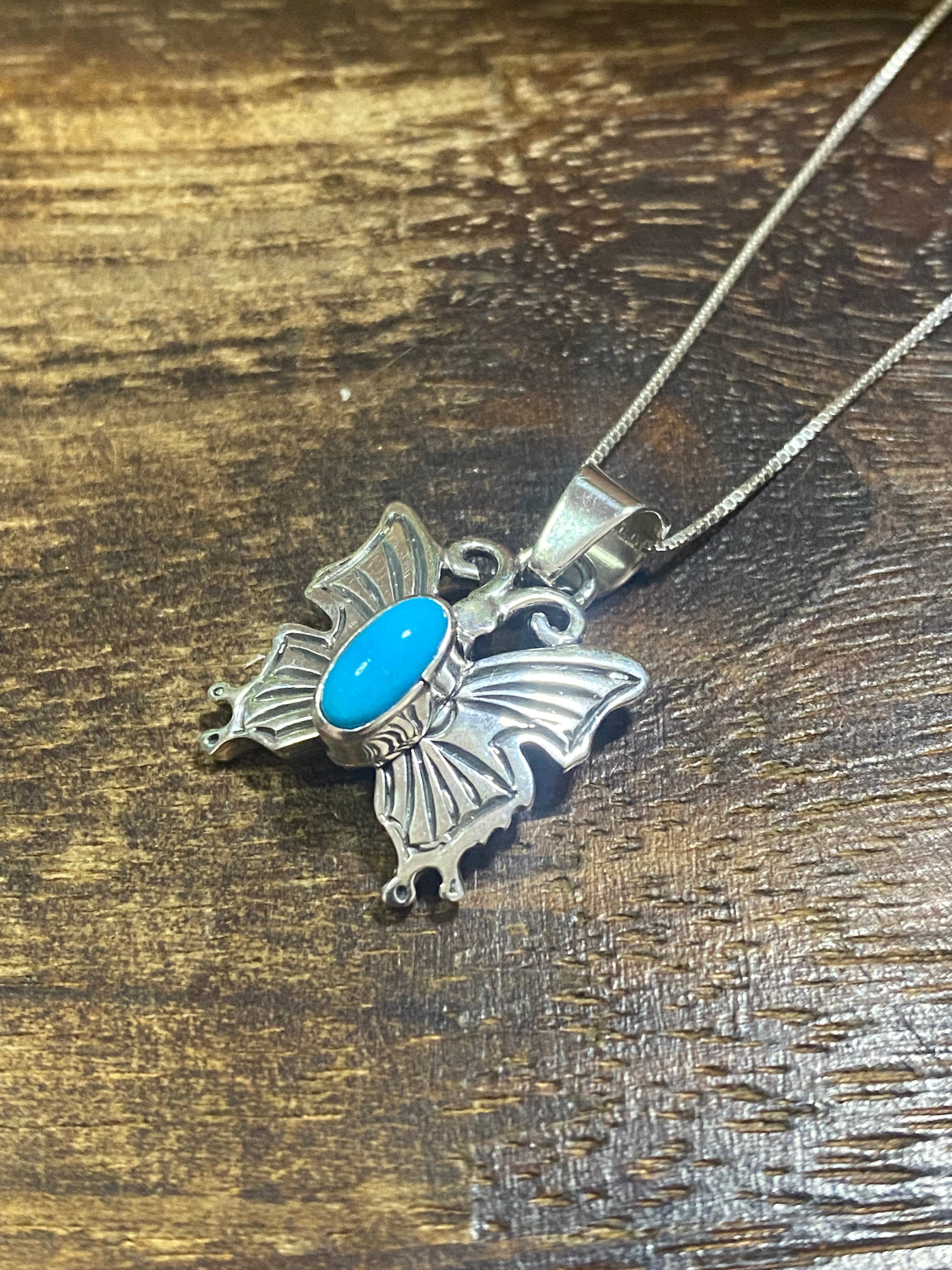 Navajo Made Kingman Turquoise & Sterling Silver Butterfly Necklace