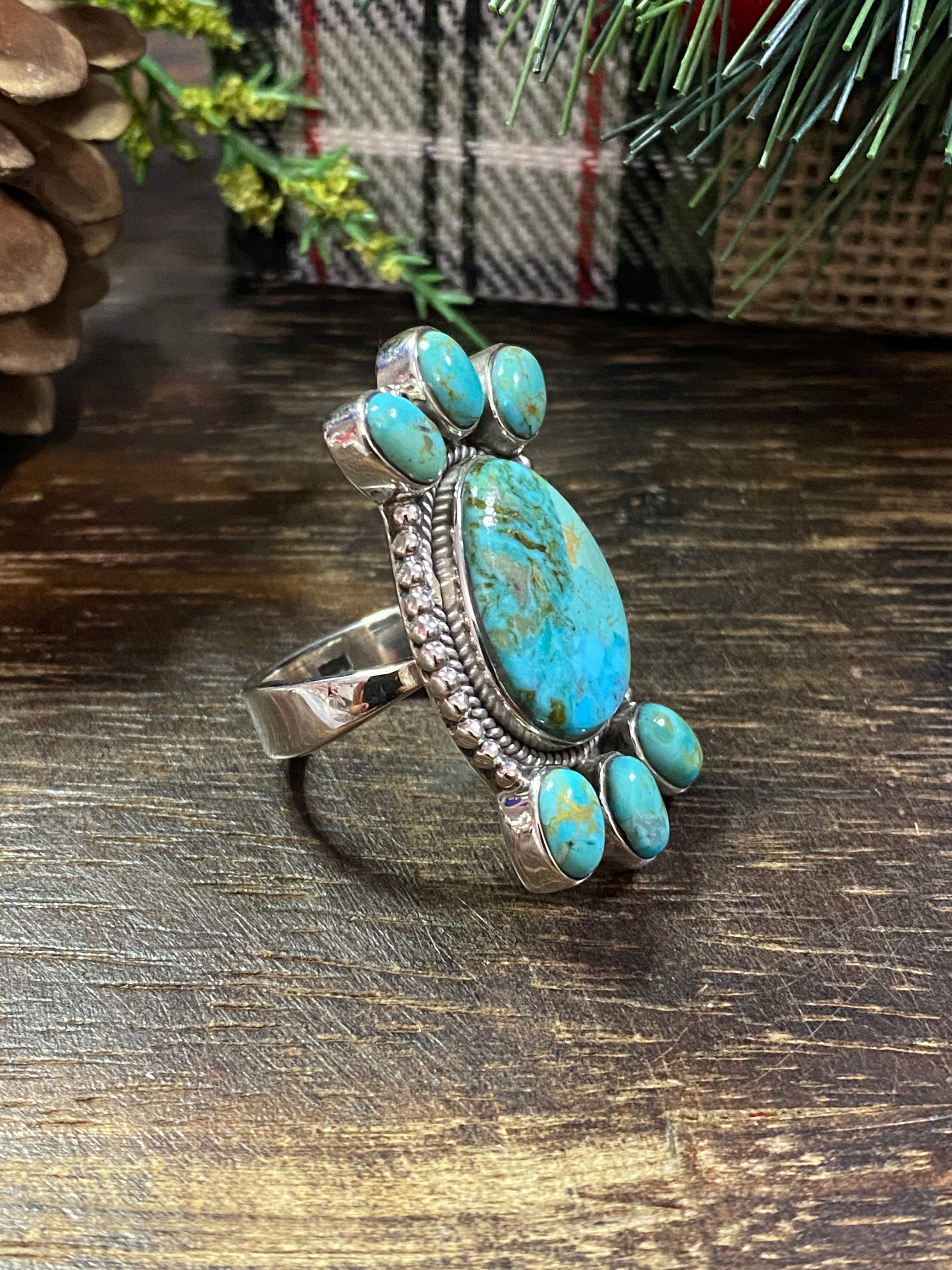 Southwest Handmade Kingman Turquoise & Sterling Silver Adjustable Ring Size 6.5