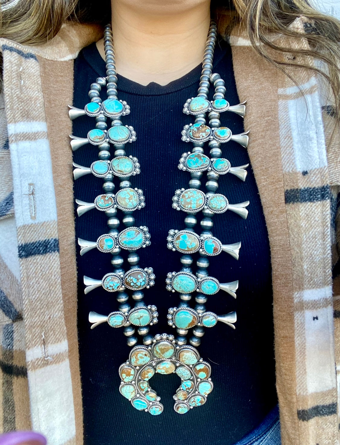 Elanor Richards #8 Turquoise & Sterling Silver Squash Blossom Necklace Set