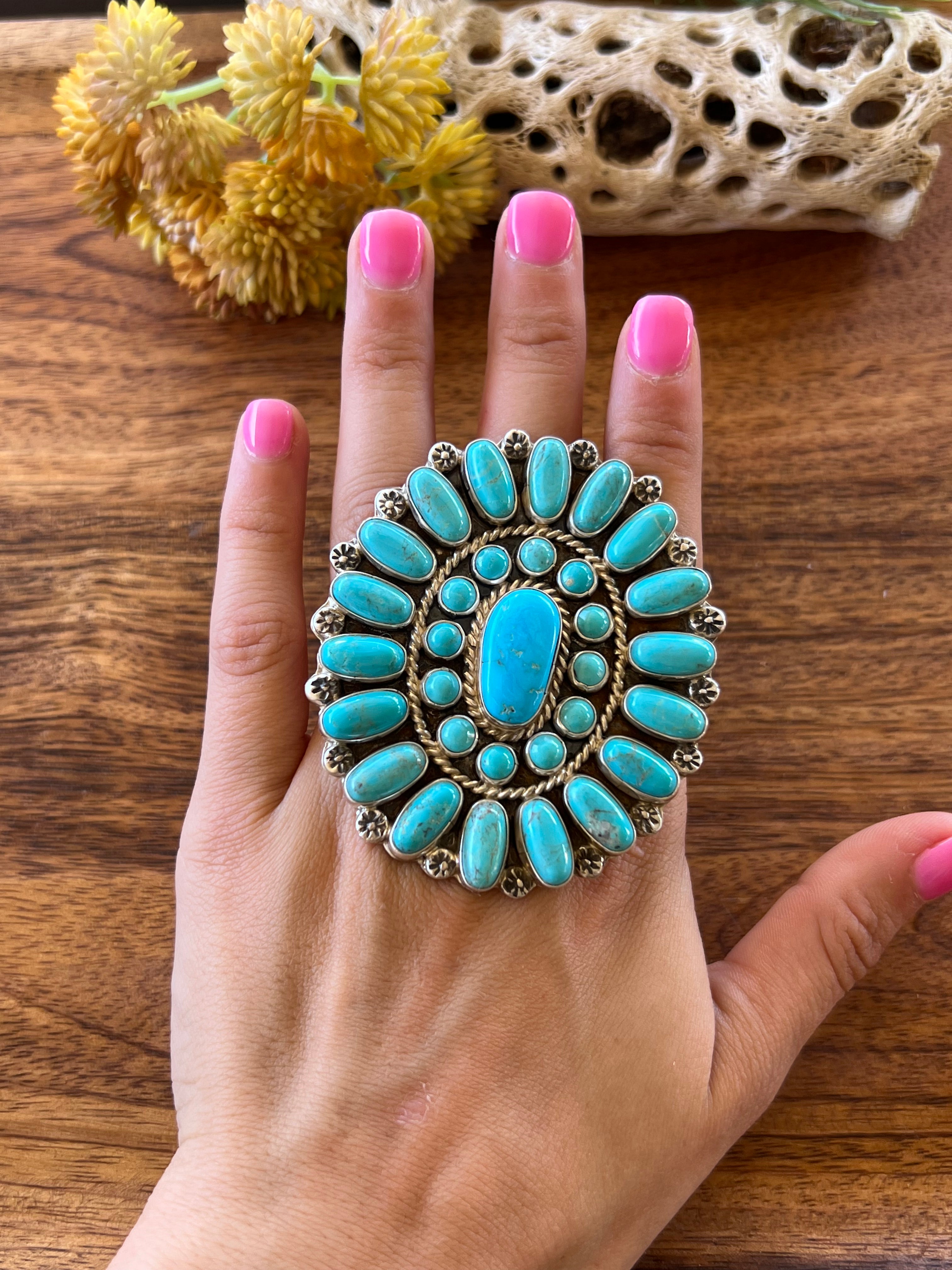 C. Yazzie Kingman Turquoise & Sterling Silver Cluster Ring Size 11