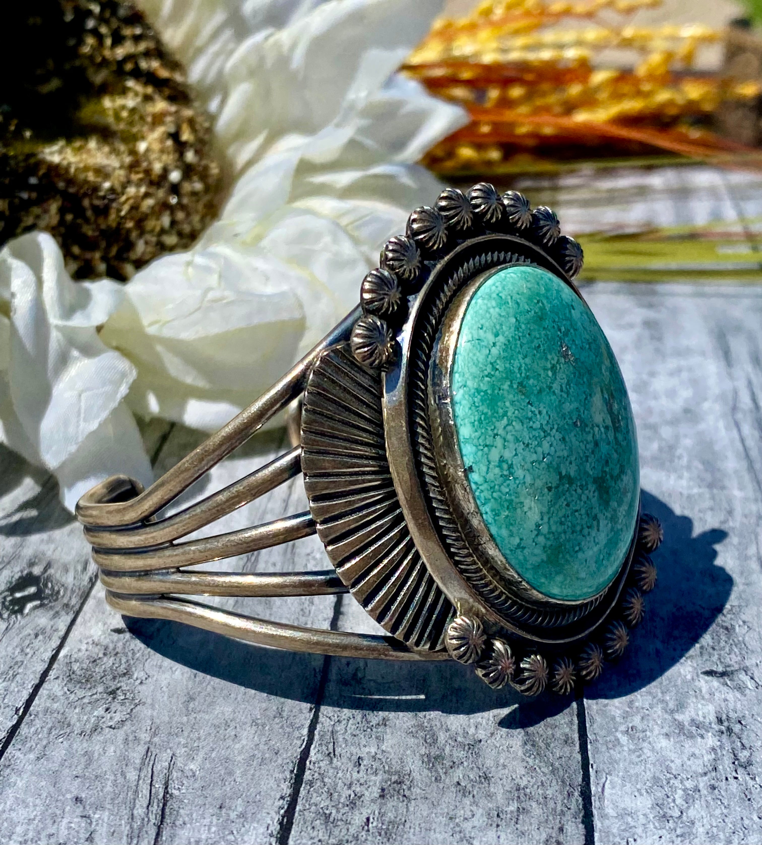 Leon M.T.Z. Navajo Made Carico Lake Turquoise & Sterling Silver Cuff Bracelet