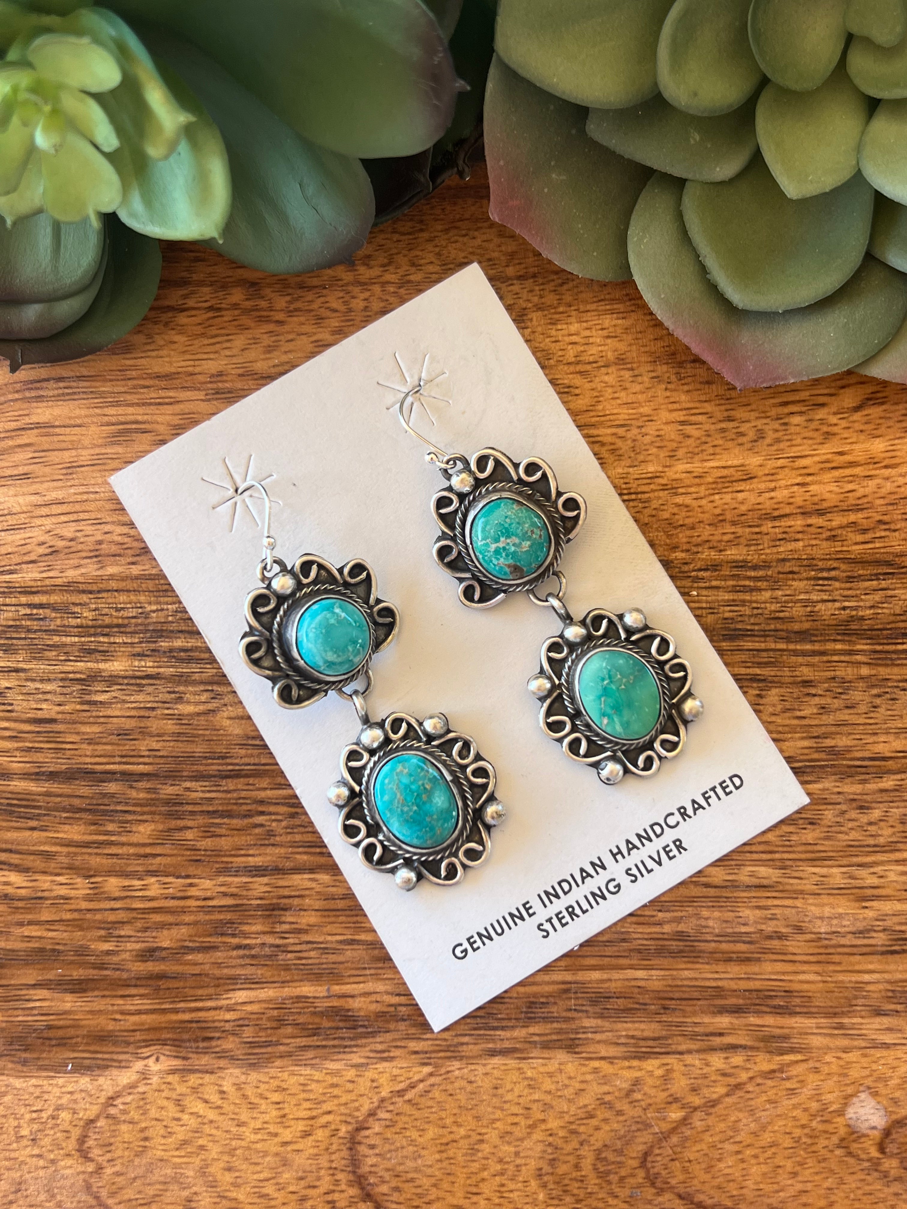 Navajo Made Sonoran Mountain Turquoise & Sterling Silver Post Dangle Earrings