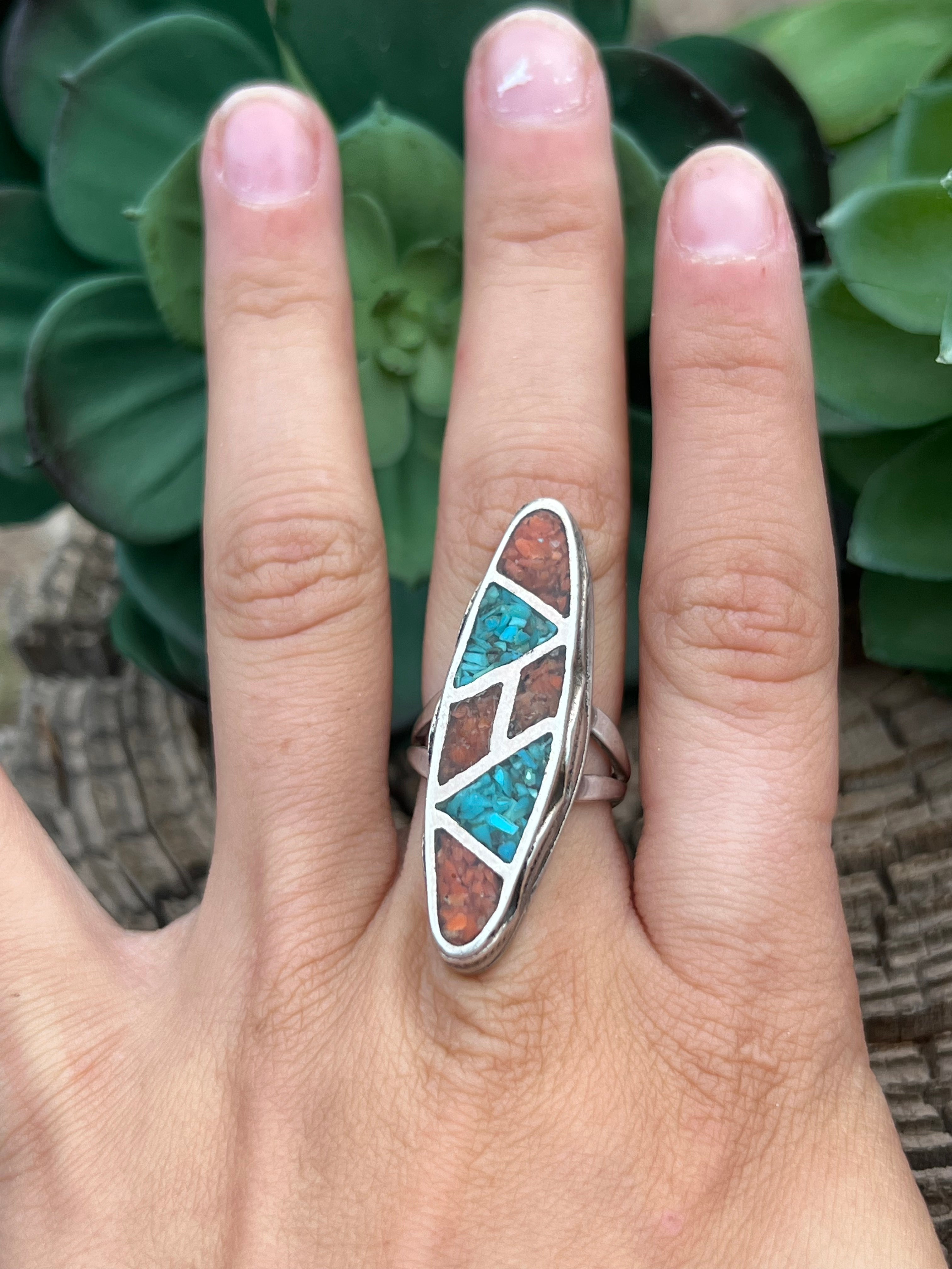 Vintage Navajo Turquoise & Coral Sterling Silver Ring Size 6.5