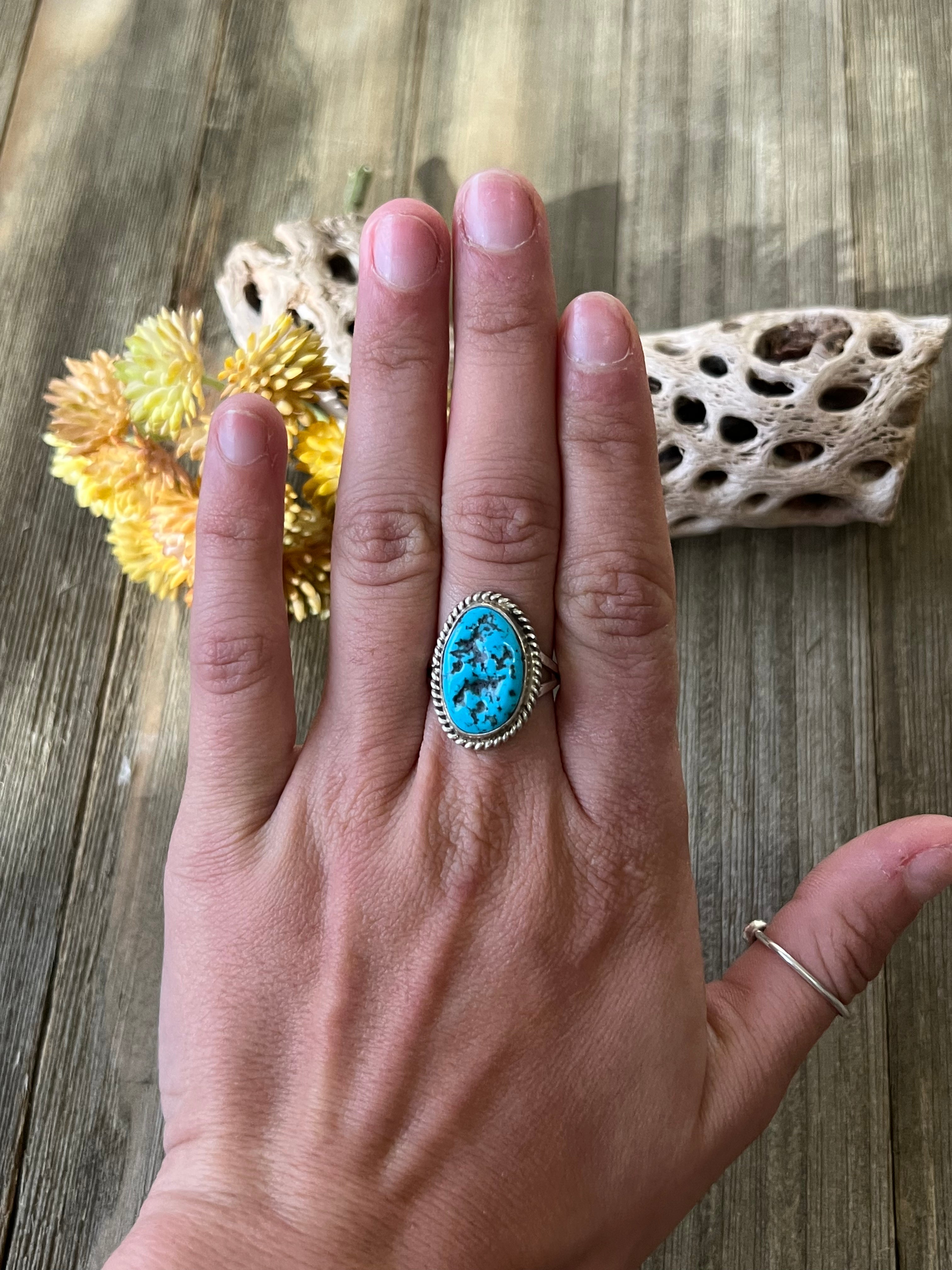 Navajo Made Kingman Turquoise & Sterling Silver Ring Size 7.75