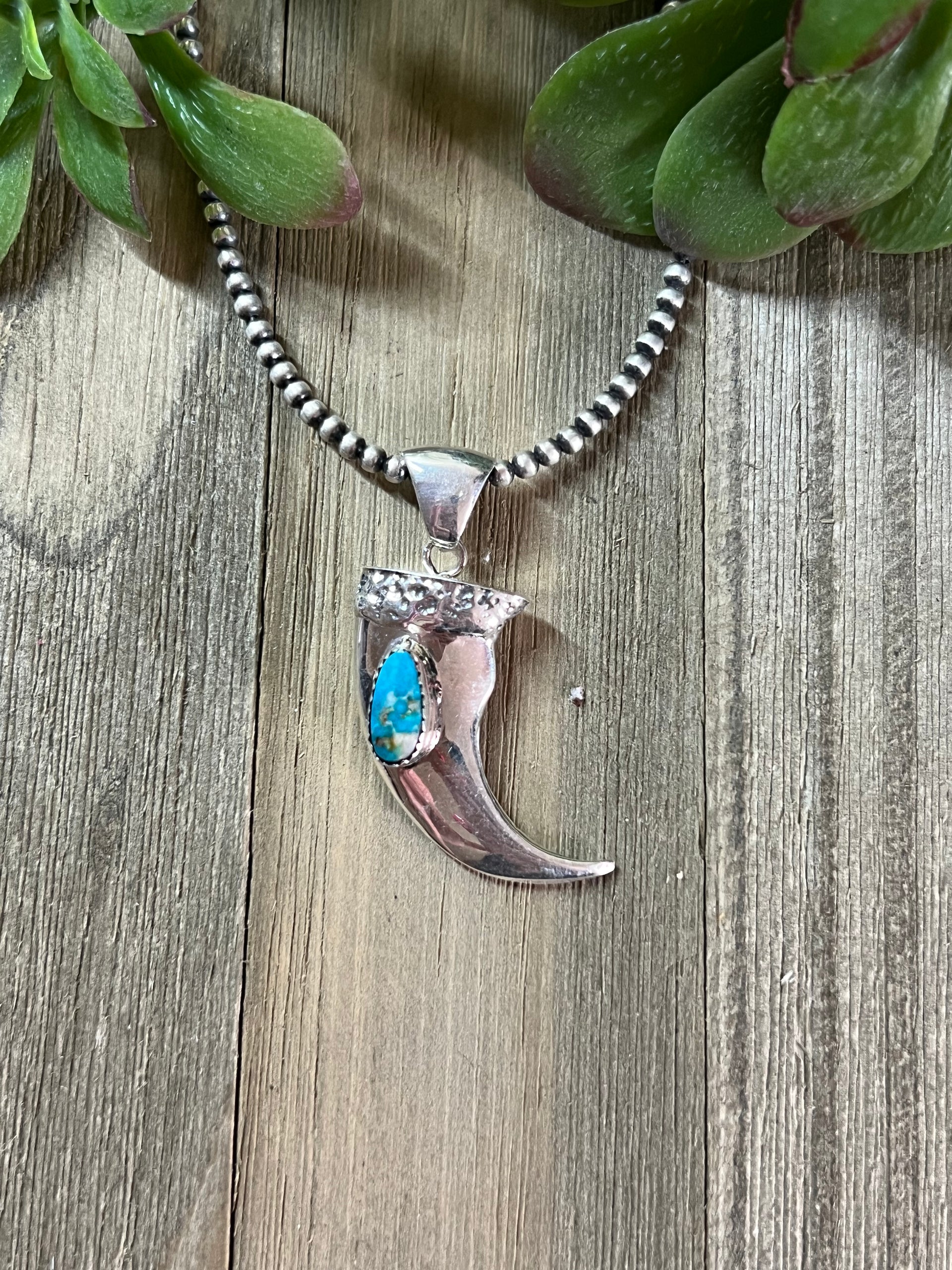 Navajo Made Kingman Turquoise & Sterling Silver Claw Pendant
