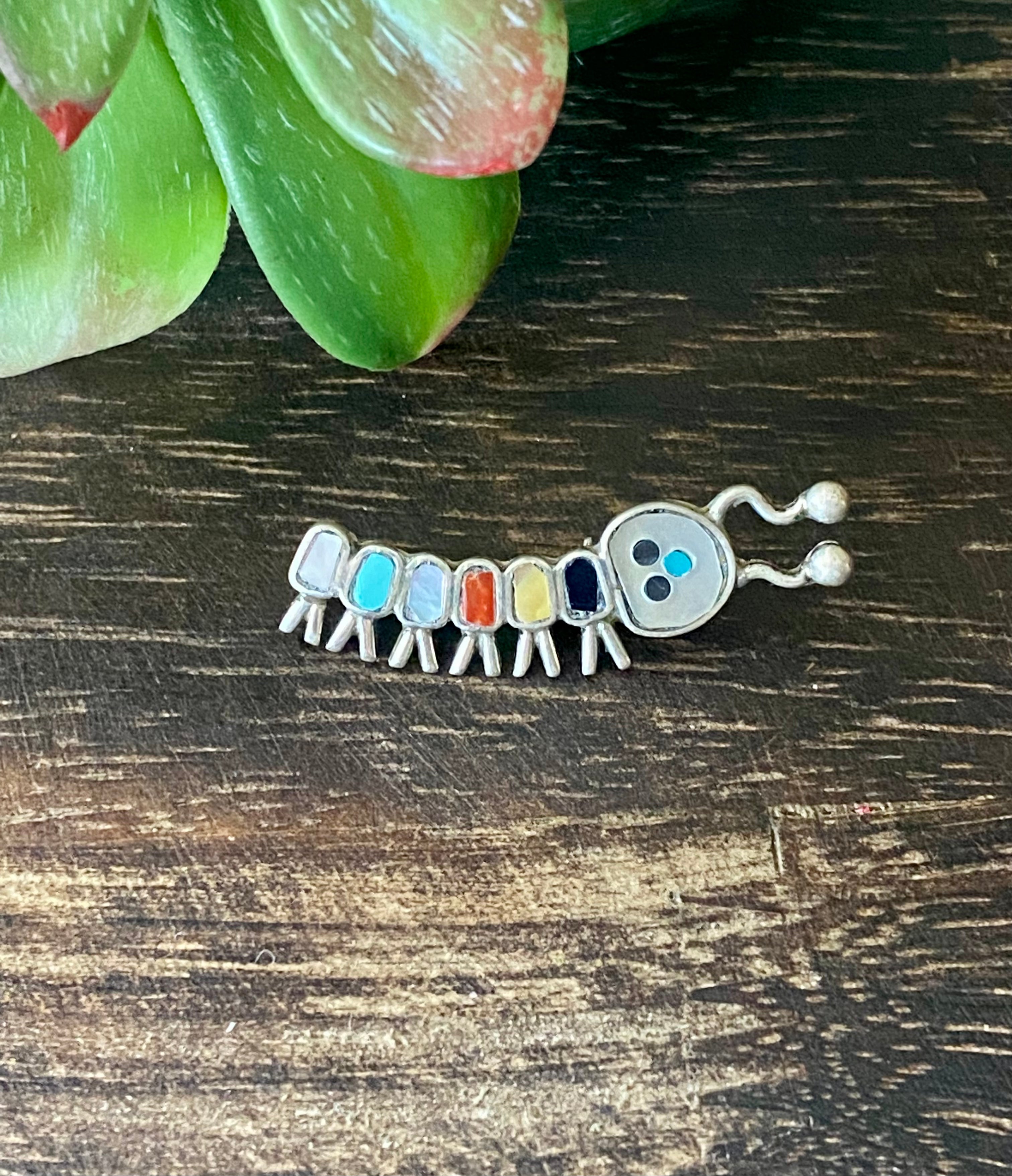 Howard Shelendewa Multi Stone & Sterling Silver Inlay Caterpillar Pin