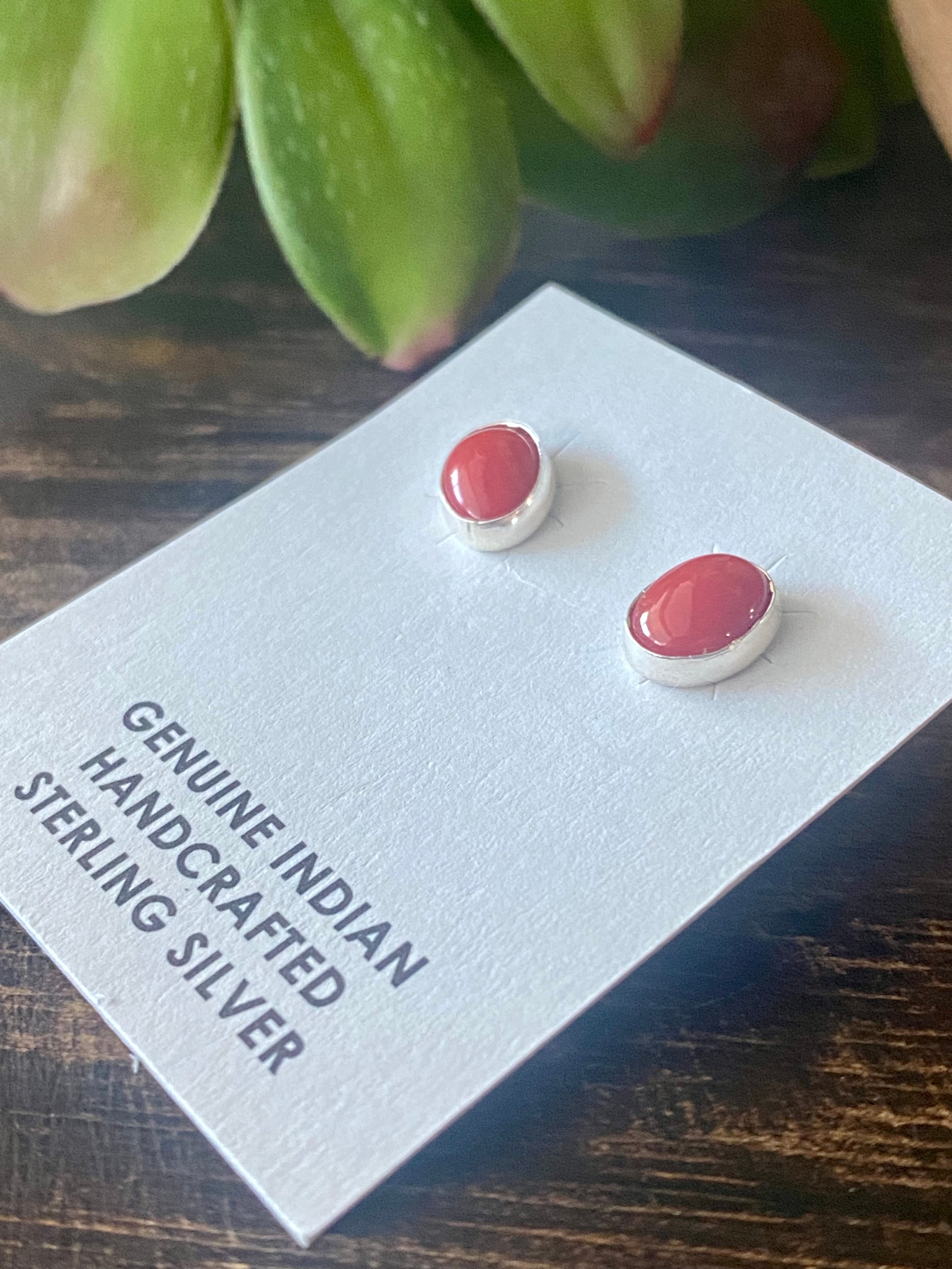Navajo Made Coral & Sterling Silver Studs Earrings