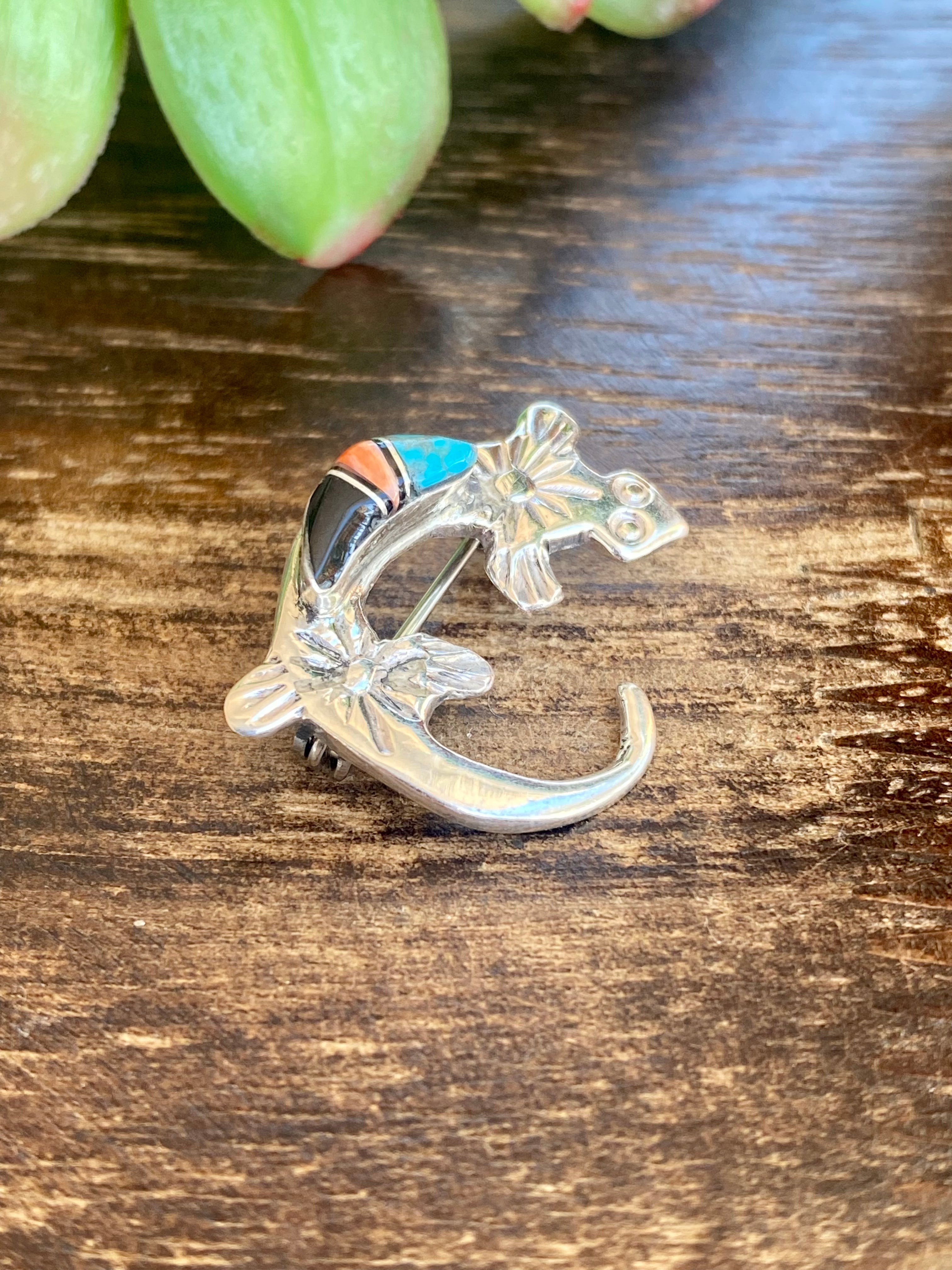 Navajo Made Multi Stone & Sterling Silver Inlay Lizard Pin