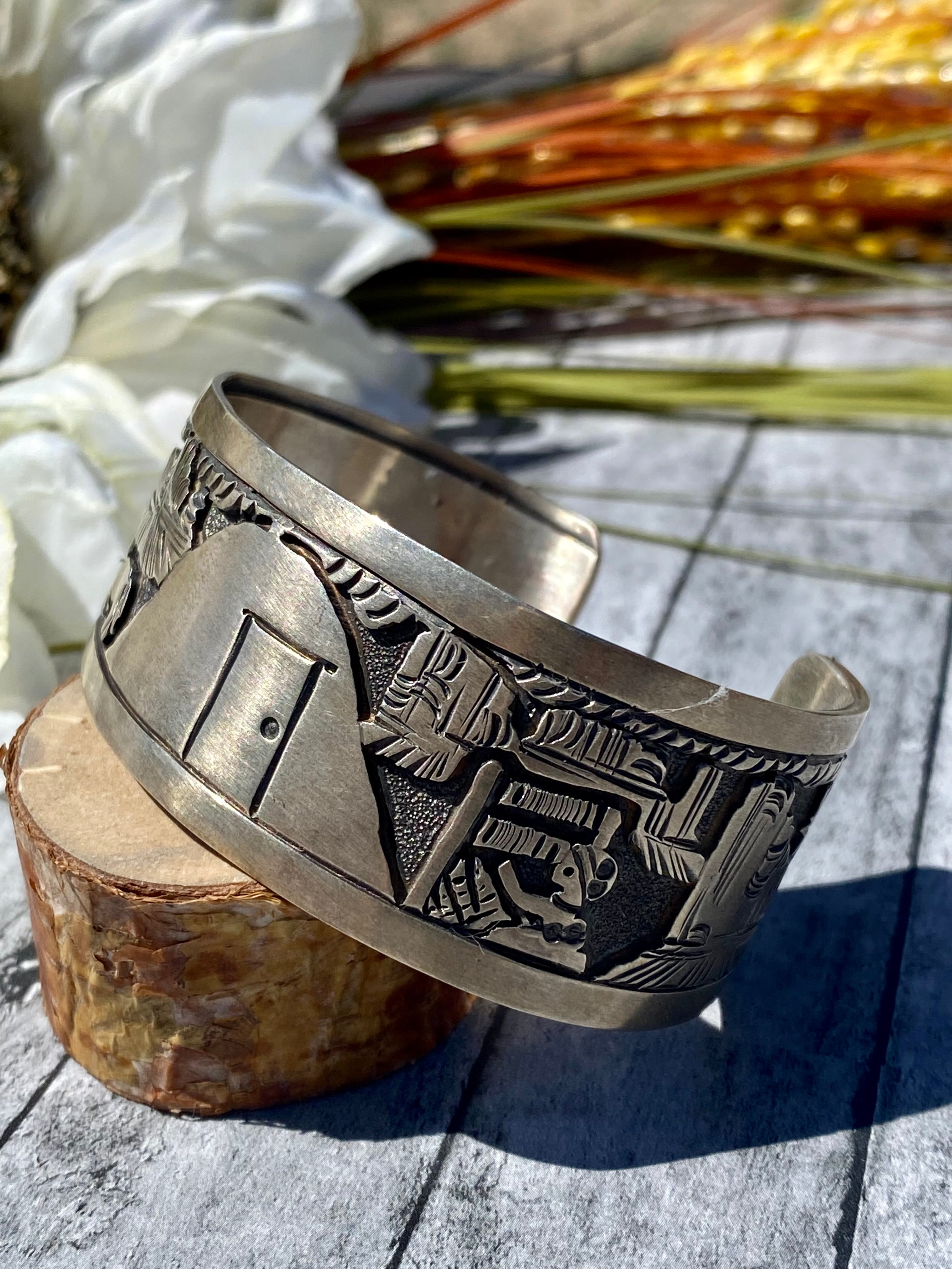 Vintage Navajo Made Sterling Silver Storyteller Cuff Bracelet