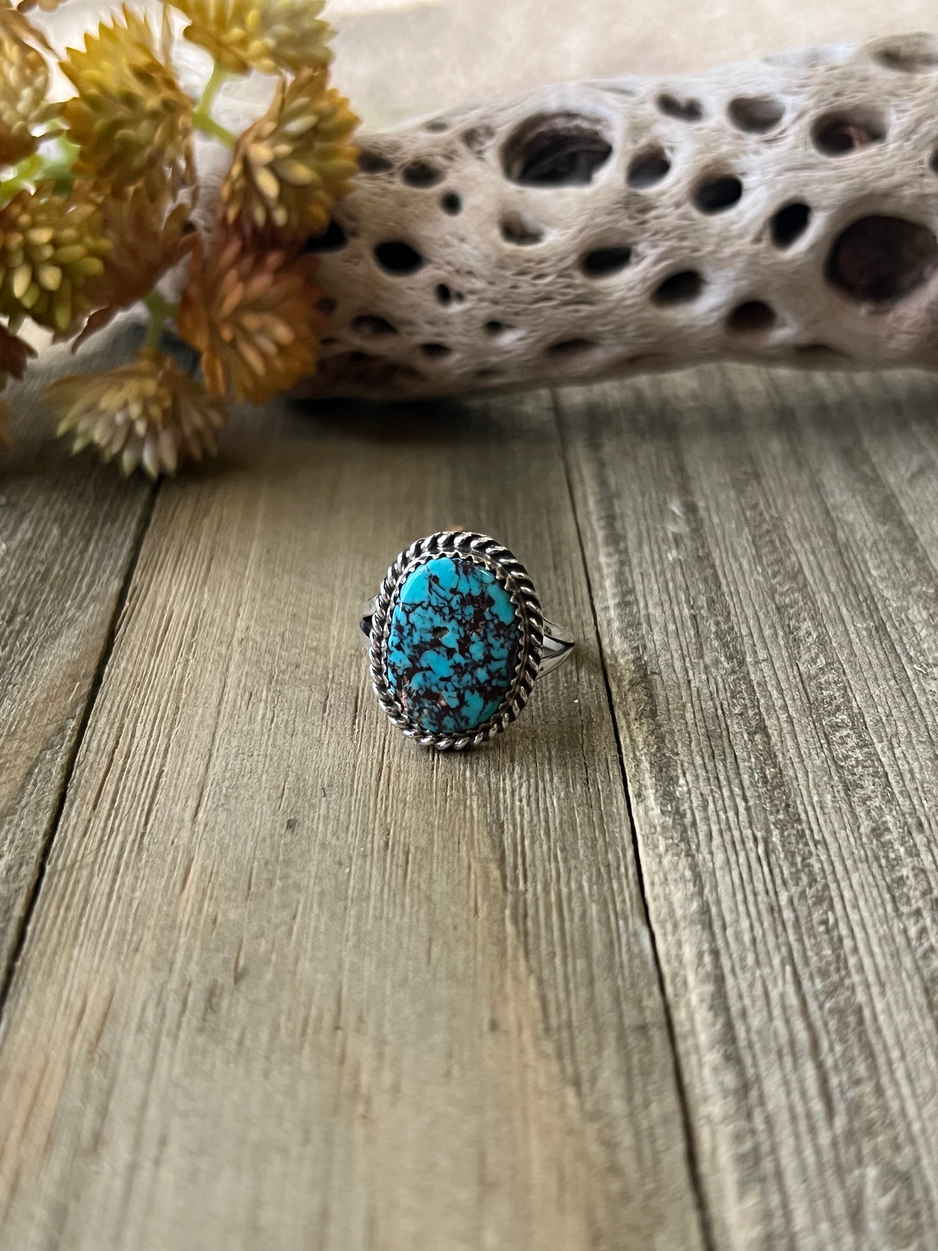 Navajo Made Kingman Turquoise & Sterling Silver Ring Size 8.25