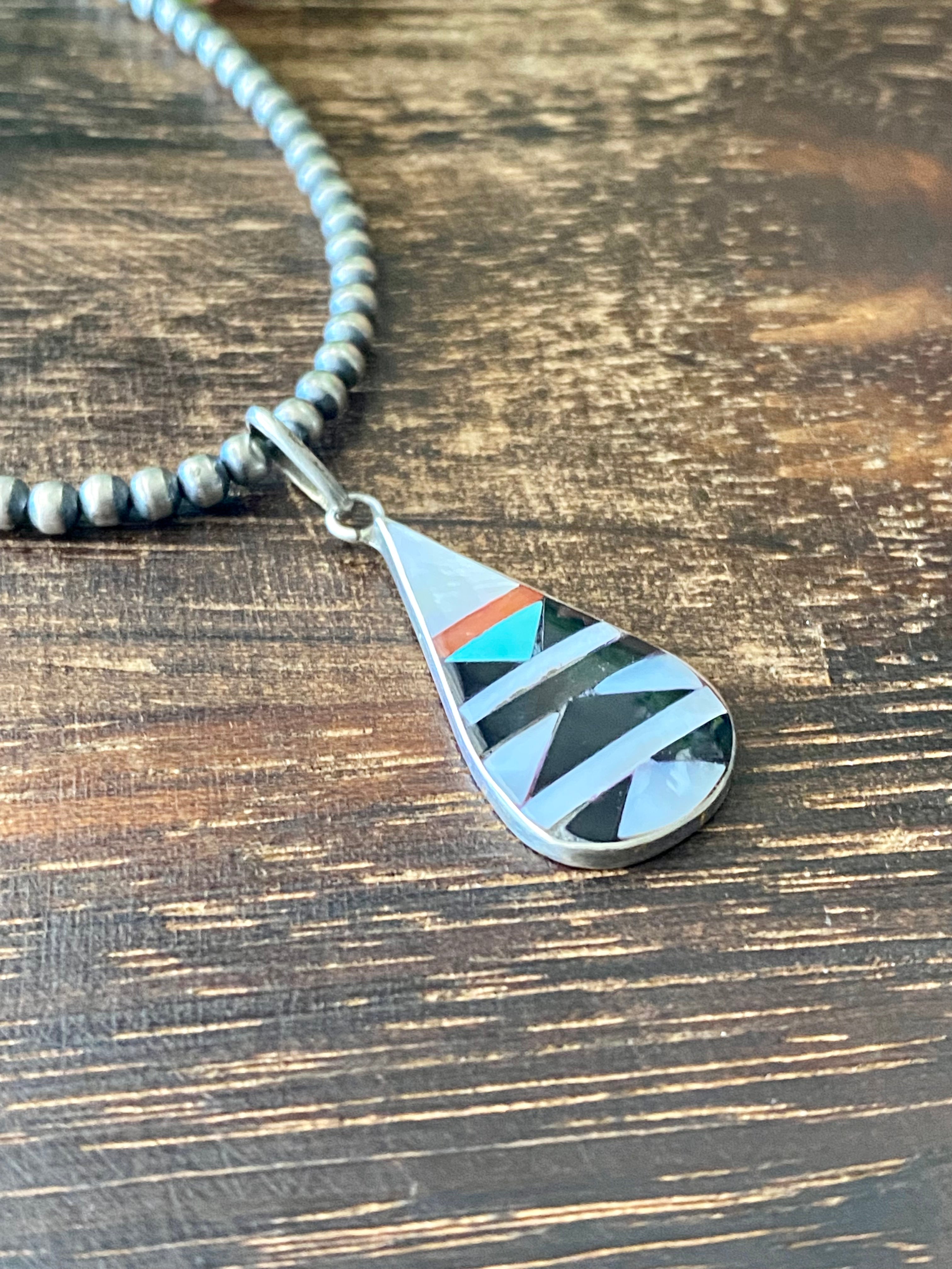 Zuni Made Multi Stone & Sterling Silver Inlay Pendant