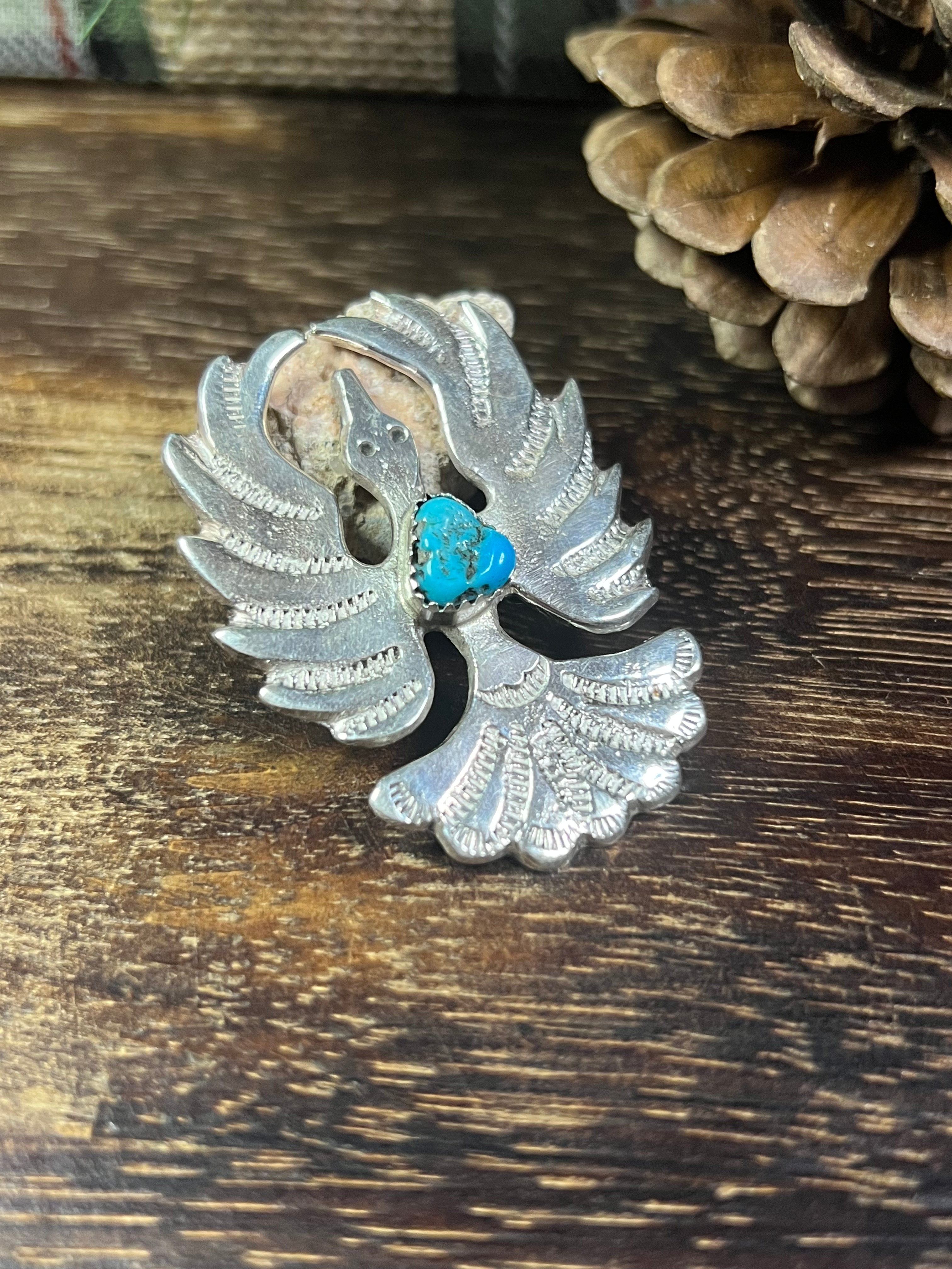 Navajo Made Kingman Turquoise & Sterling Silver Bird Pin